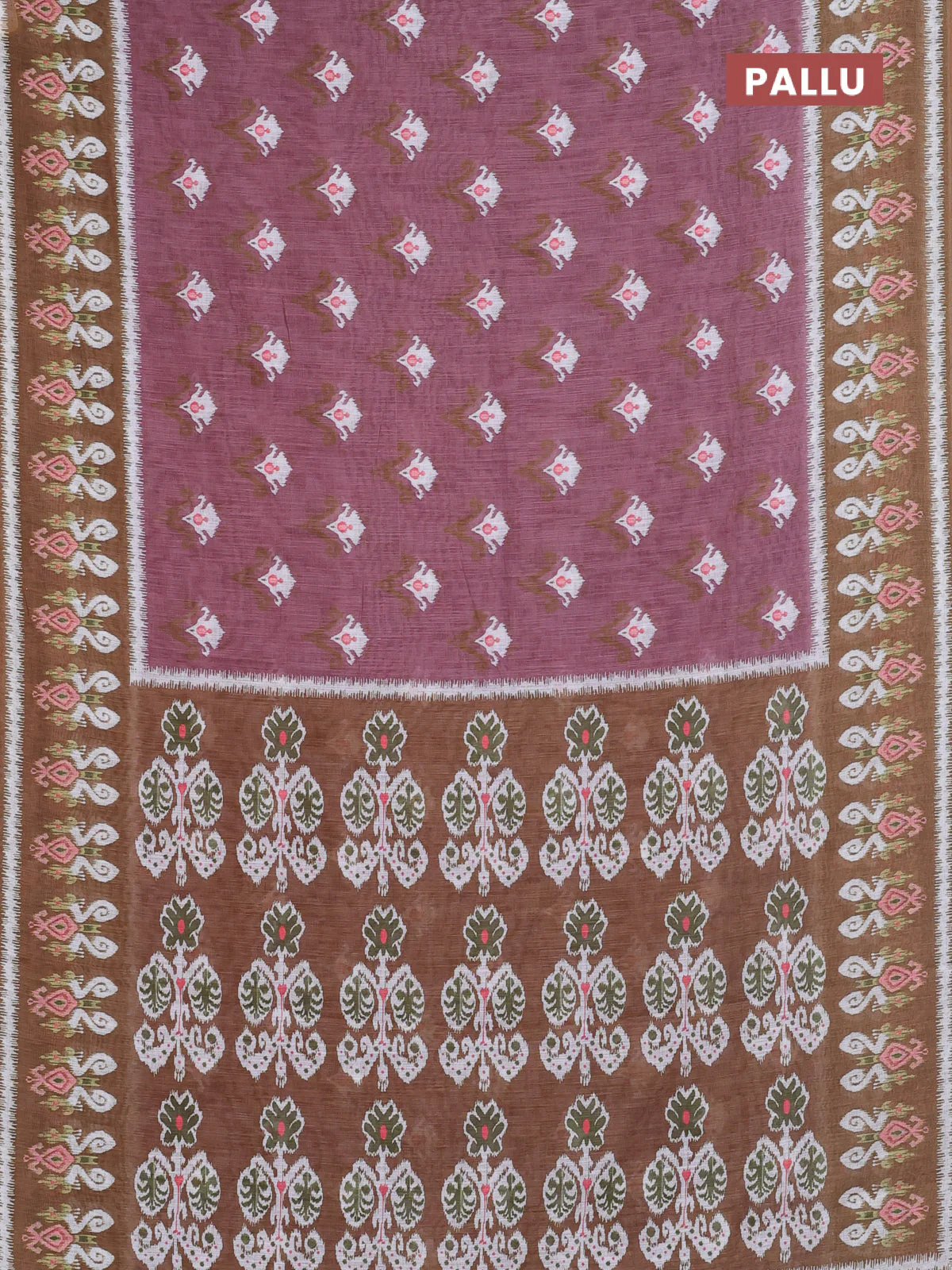 Semi linen saree rosy brown and mehendi green with allover ikat butta prints and printed border - Image 3