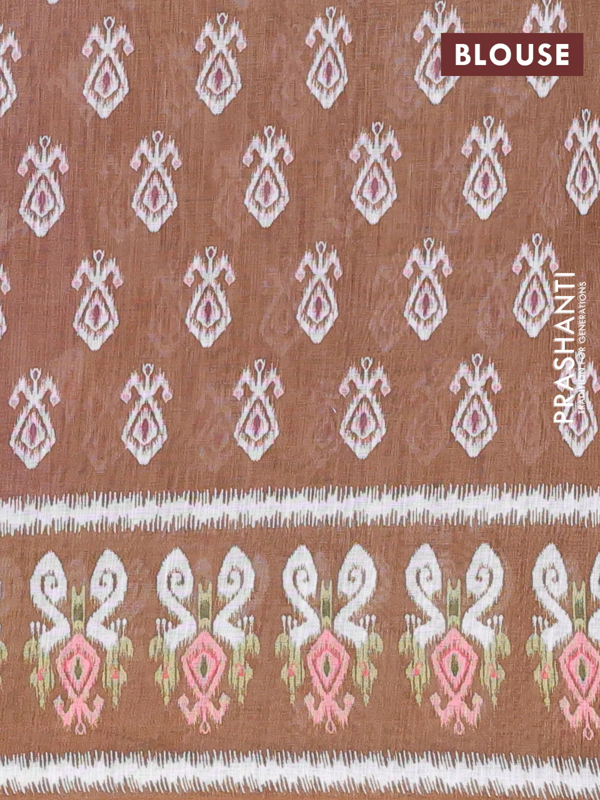 Semi linen saree rosy brown and mehendi green with allover ikat butta prints and printed border - Image 4
