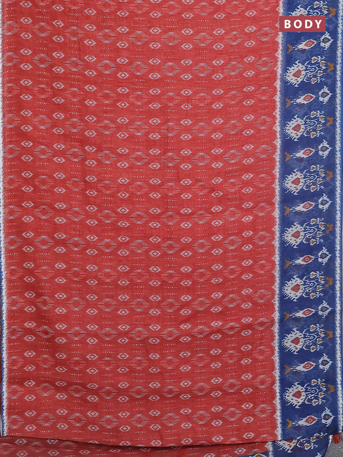Semi linen saree rustic orange and blue with allover ikat prints and long printed border - Image 2