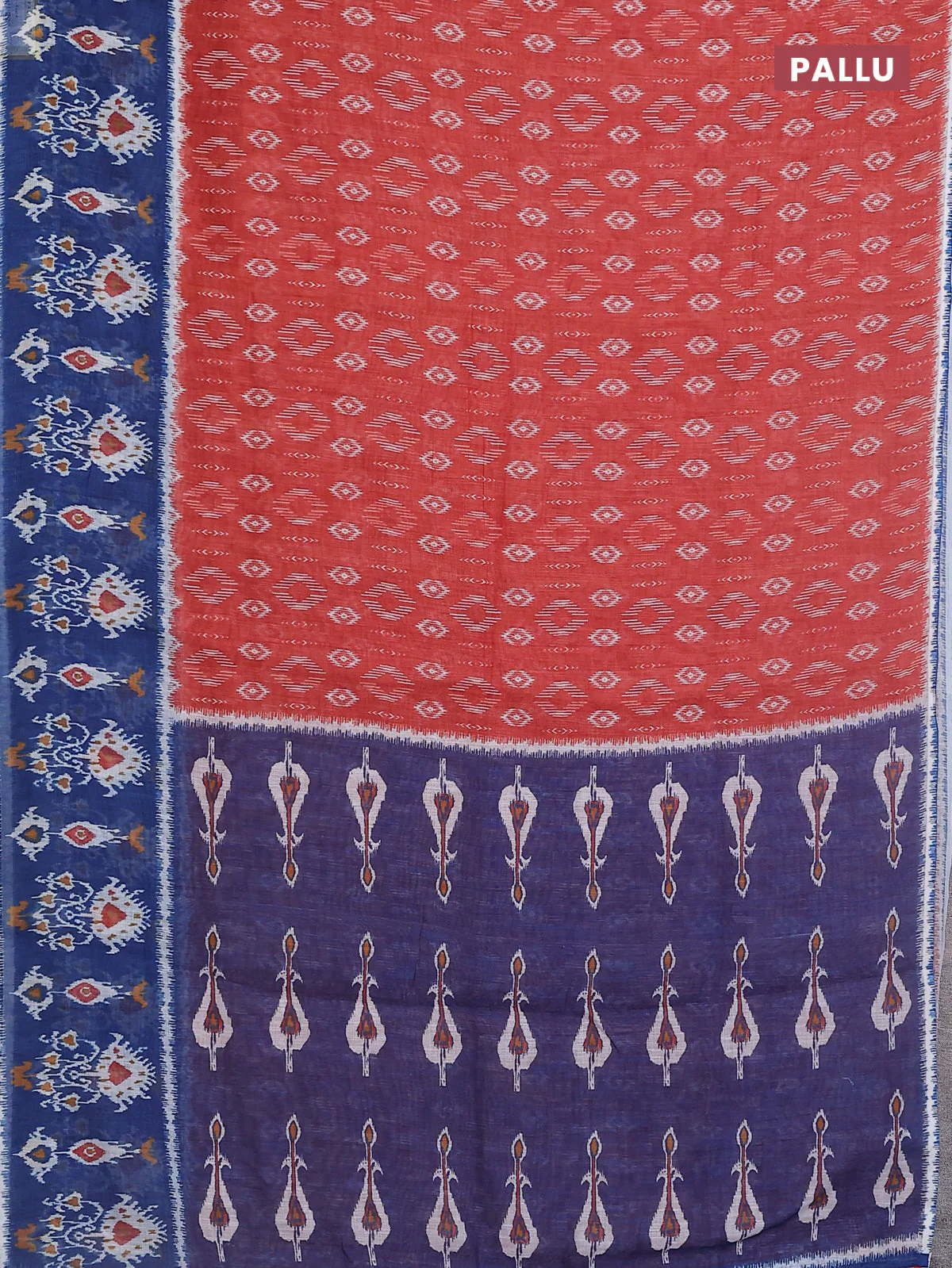 Semi linen saree rustic orange and blue with allover ikat prints and long printed border - Image 3