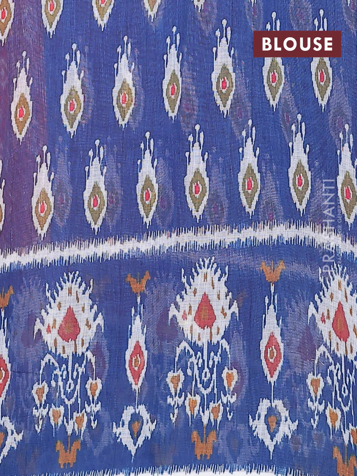 Semi linen saree rustic orange and blue with allover ikat prints and long printed border - Image 4