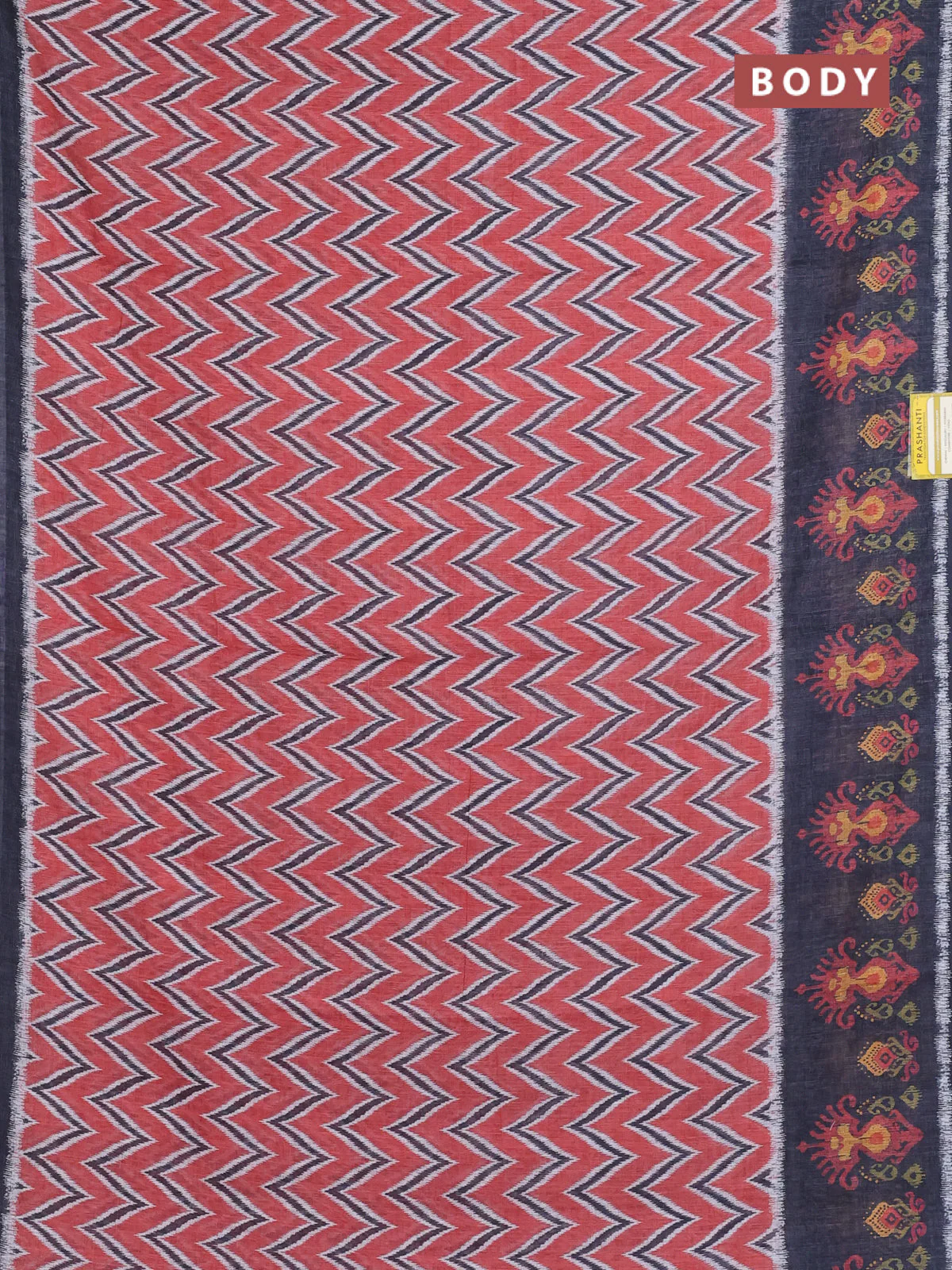 Semi linen saree rustic orange and elephant grey with allover zig zag ikat prints and long printed border - Image 2