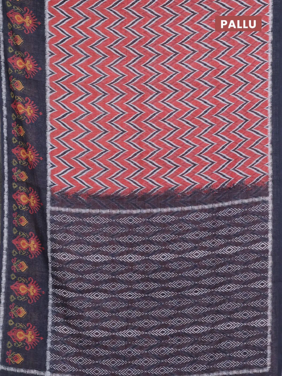 Semi linen saree rustic orange and elephant grey with allover zig zag ikat prints and long printed border - Image 3