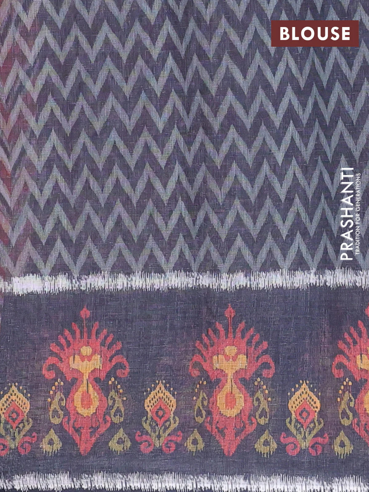 Semi linen saree rustic orange and elephant grey with allover zig zag ikat prints and long printed border - Image 4