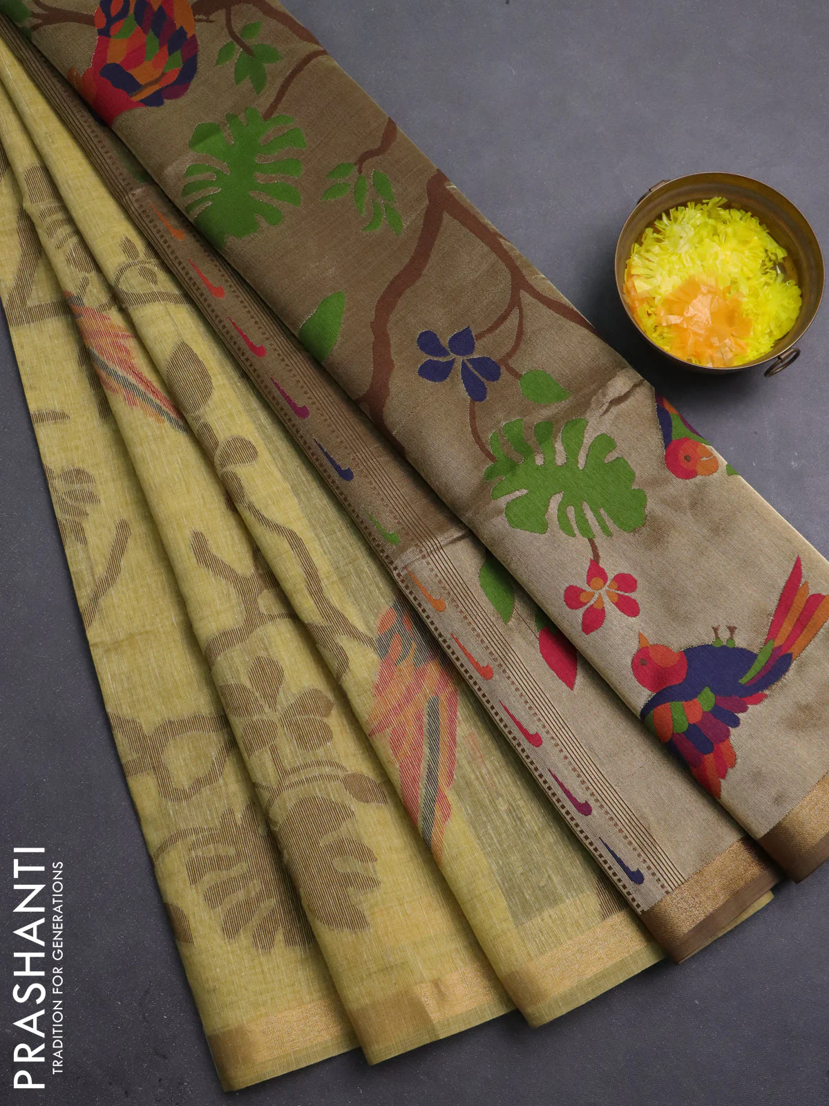 Semi linen saree sandal and brown with allover thread weaves and paithani pallu
