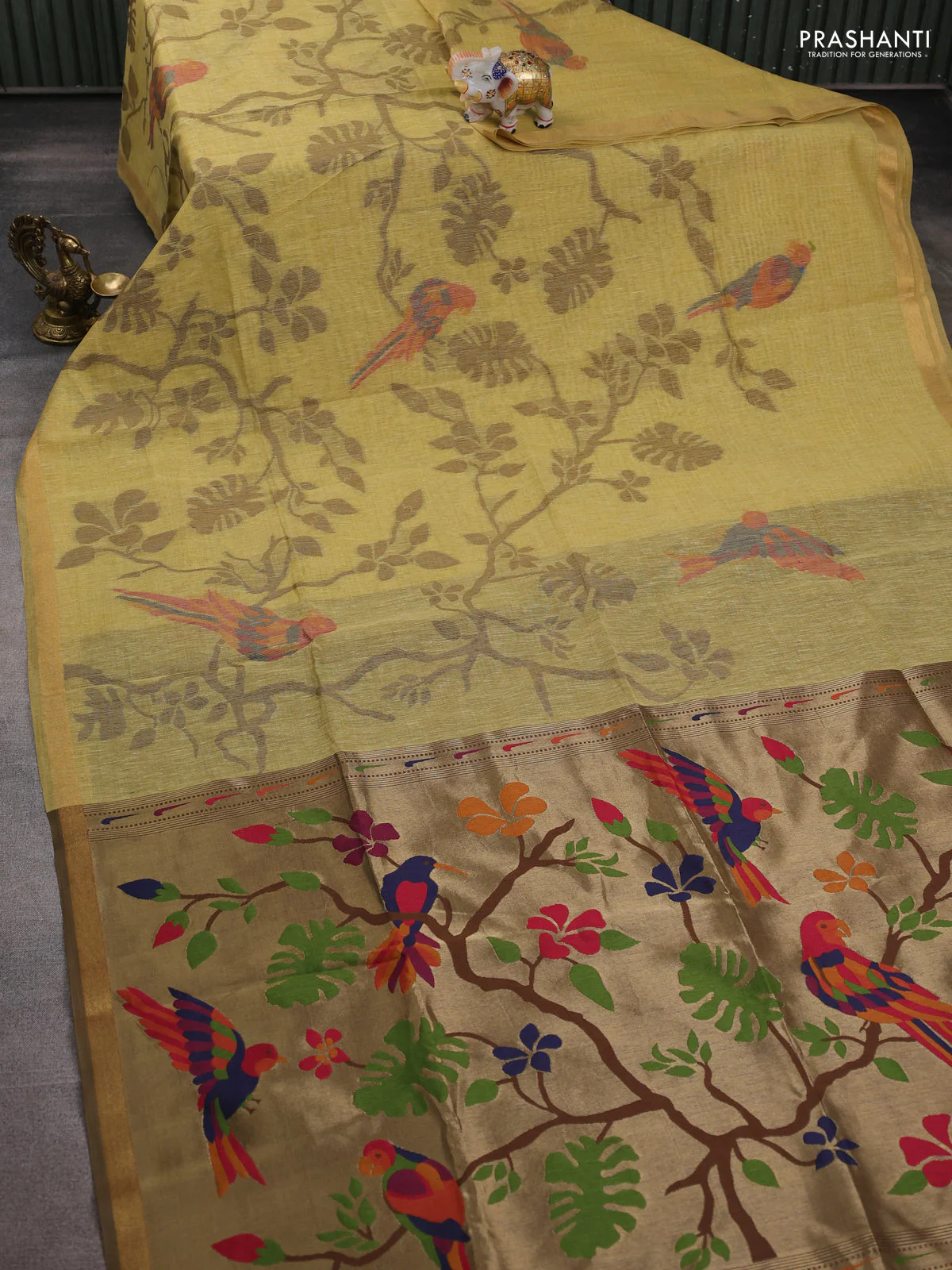 Semi linen saree sandal and brown with allover thread weaves and paithani pallu - Image 2