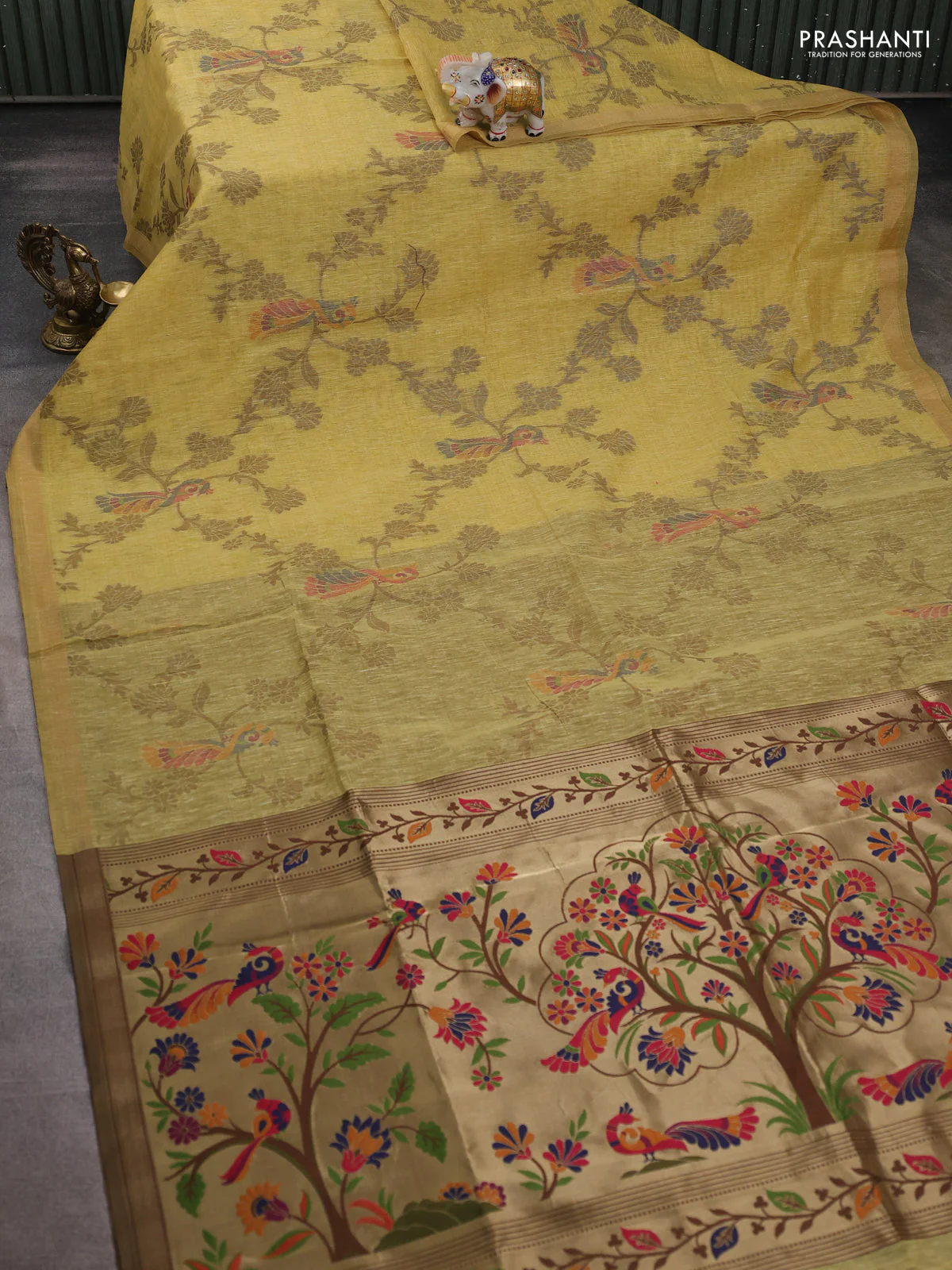 Semi linen saree sandal and brown with allover thread weaves and paithani pallu - Image 2