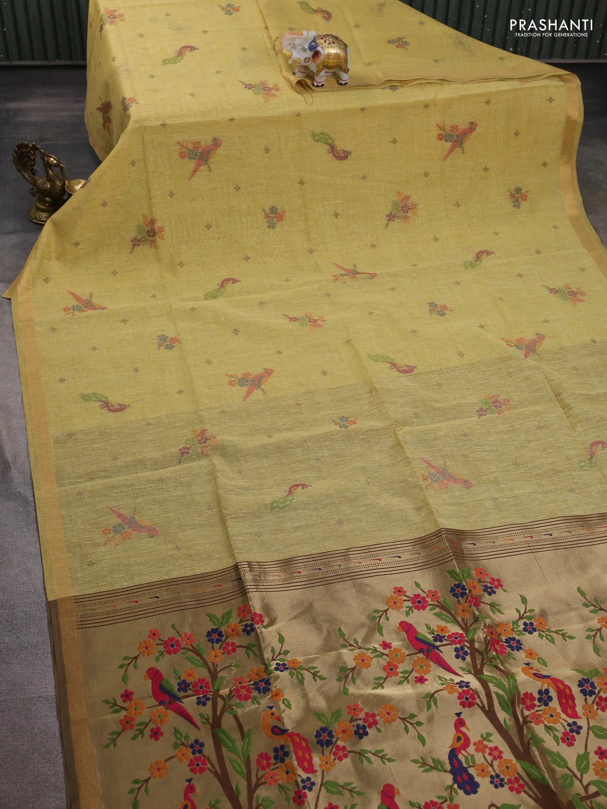 Semi linen saree sandal and brown with allover thread woven buttas and paithani pallu - Image 2