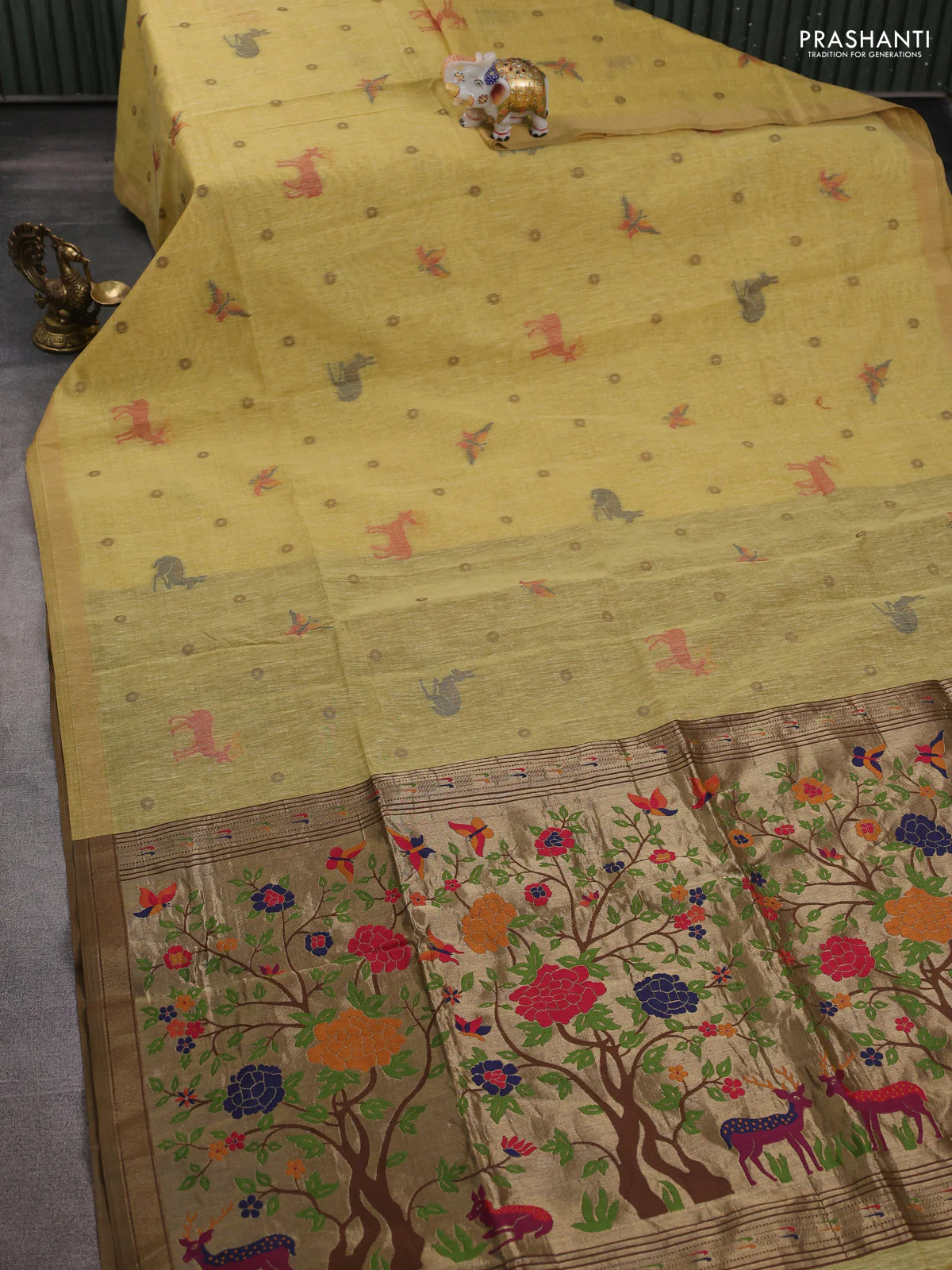 Semi linen saree sandal and brown with allover thread woven buttas and paithani pallu - Image 2