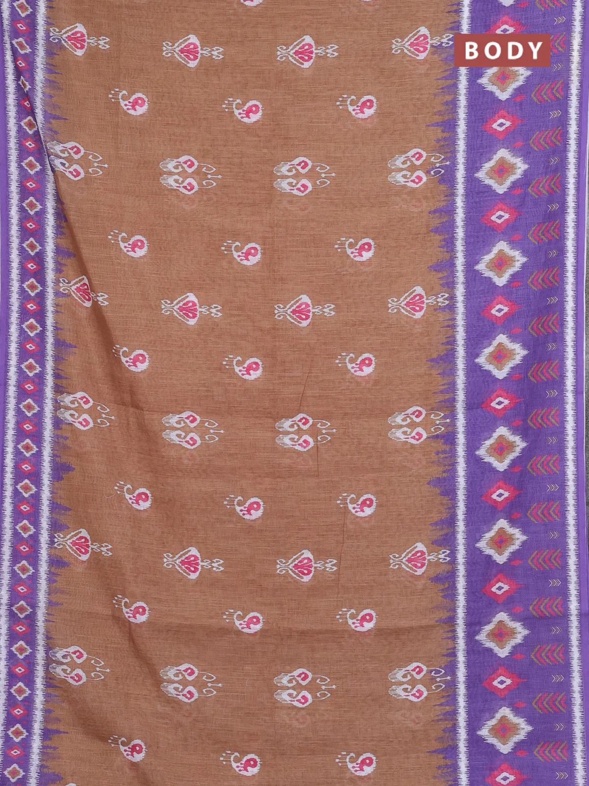 Semi linen saree sandal and lavender with allover ikat butta prints and long printed border - Image 2