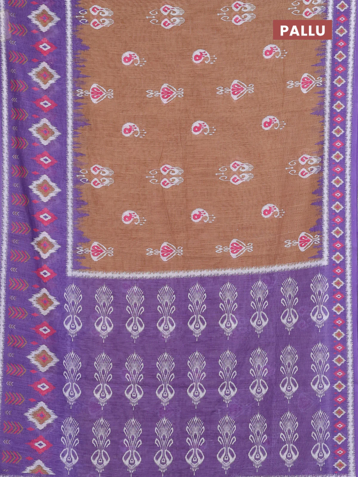 Semi linen saree sandal and lavender with allover ikat butta prints and long printed border - Image 3