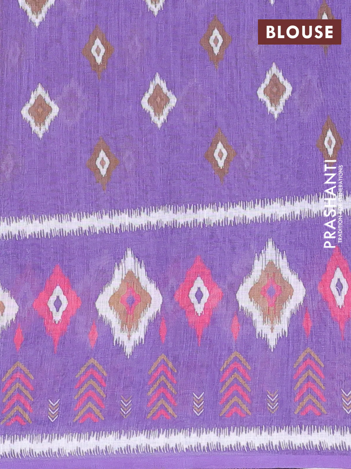 Semi linen saree sandal and lavender with allover ikat butta prints and long printed border - Image 4