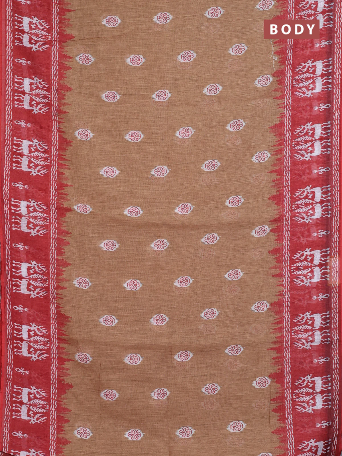 Semi linen saree sandal and rustic orange with allover ikat butta prints and long printed border - Image 2