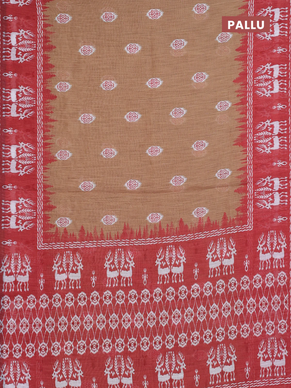 Semi linen saree sandal and rustic orange with allover ikat butta prints and long printed border - Image 3