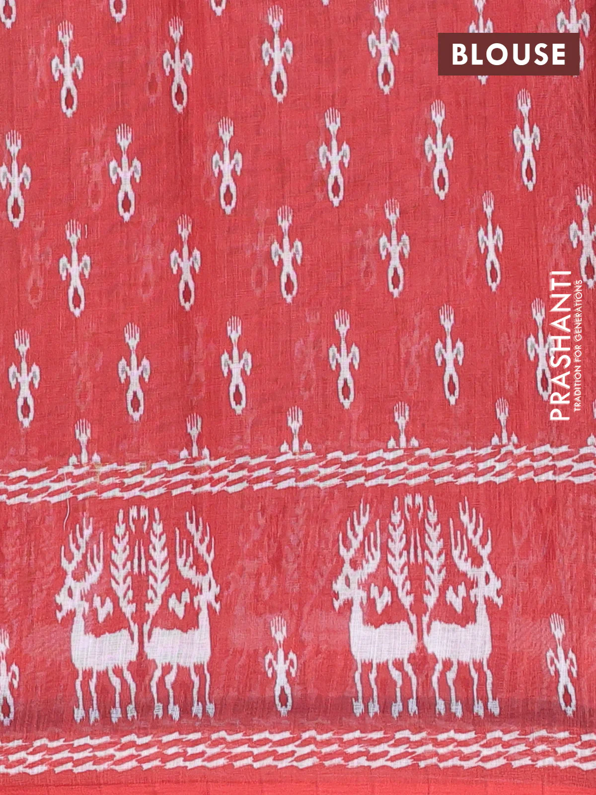 Semi linen saree sandal and rustic orange with allover ikat butta prints and long printed border - Image 4