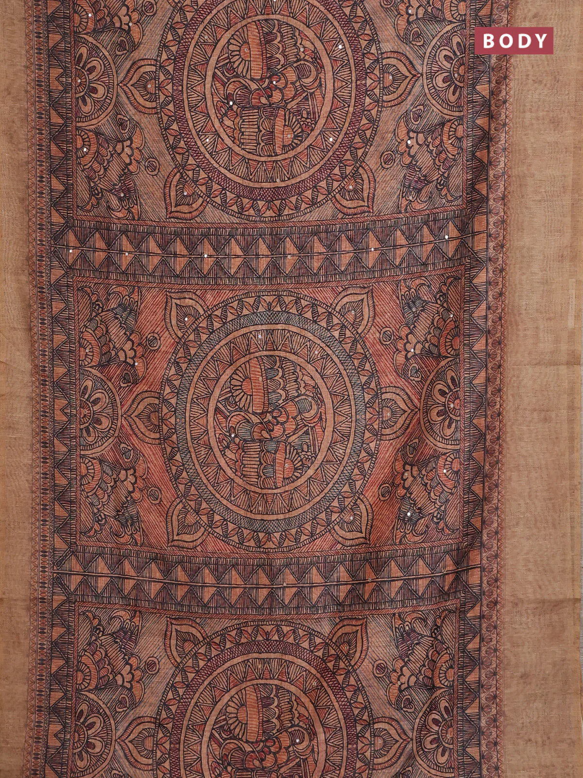 Semi linen saree sandal with allover madhubani prints & mirror work - Image 2