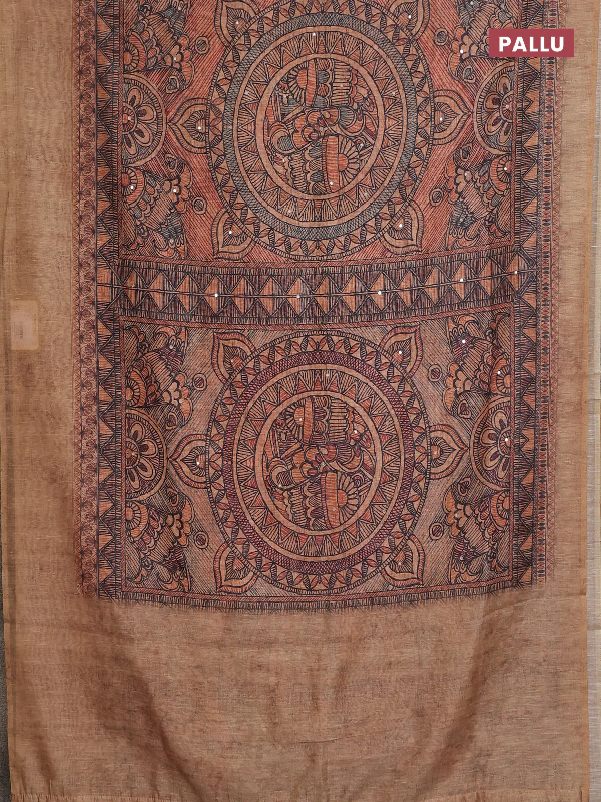 Semi linen saree sandal with allover madhubani prints & mirror work - Image 3