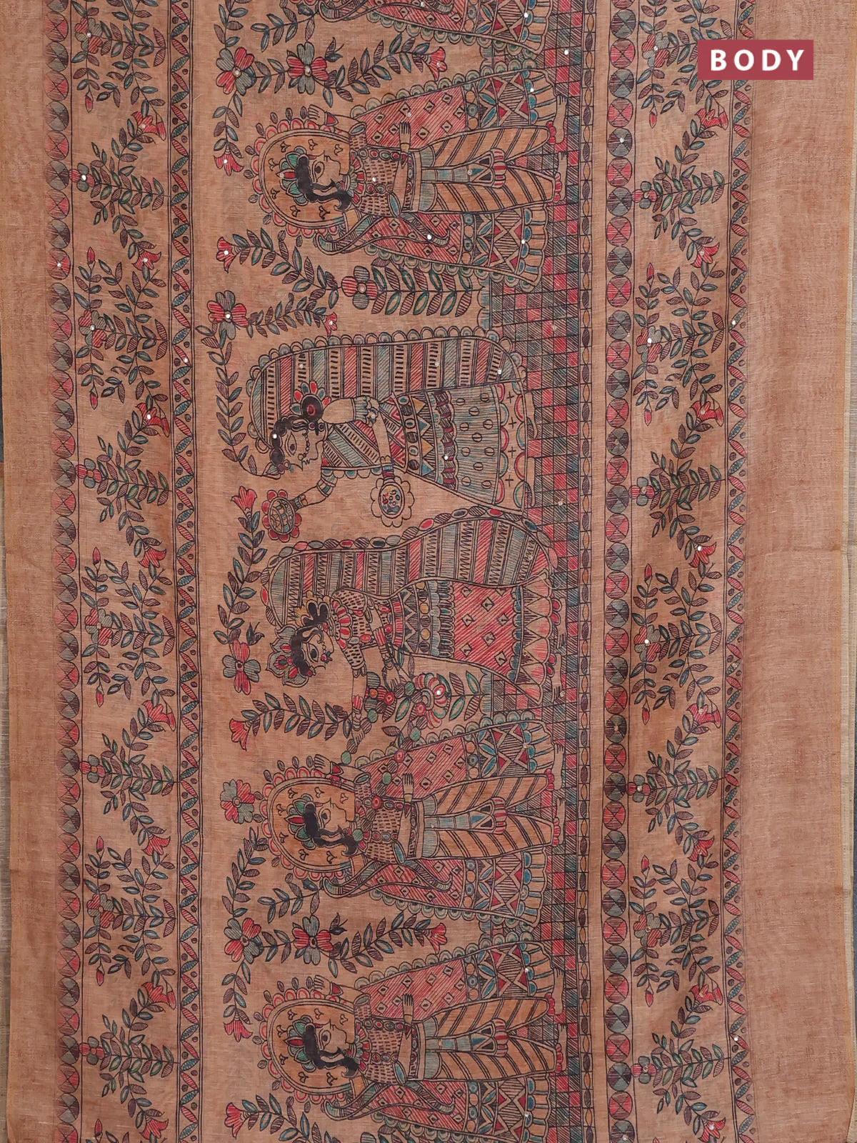 Semi linen saree sandal with allover madhubani prints & mirror work - Image 2