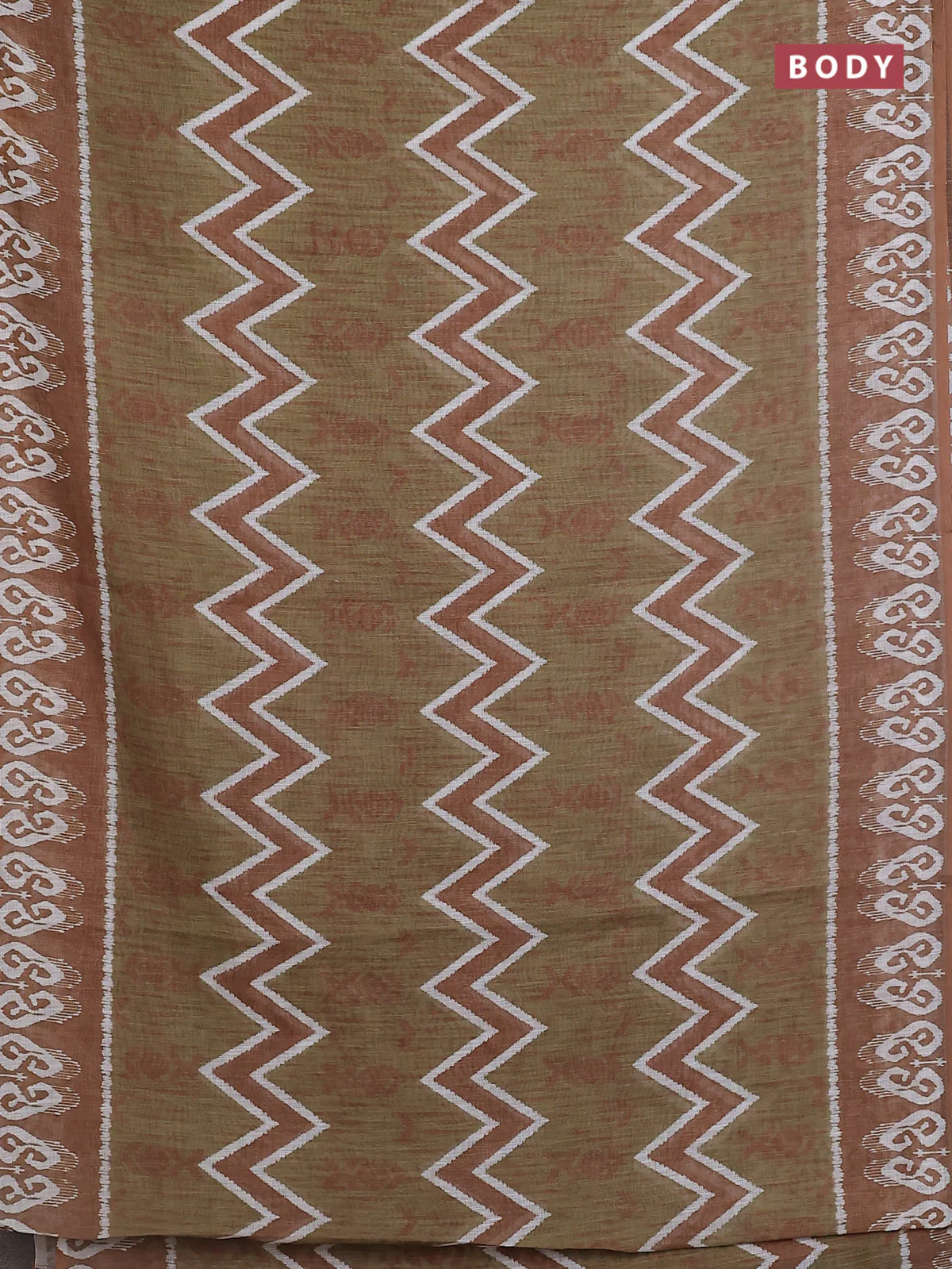 Semi linen saree sap green and dark mustard with allover ikat prints and printed border - Image 2