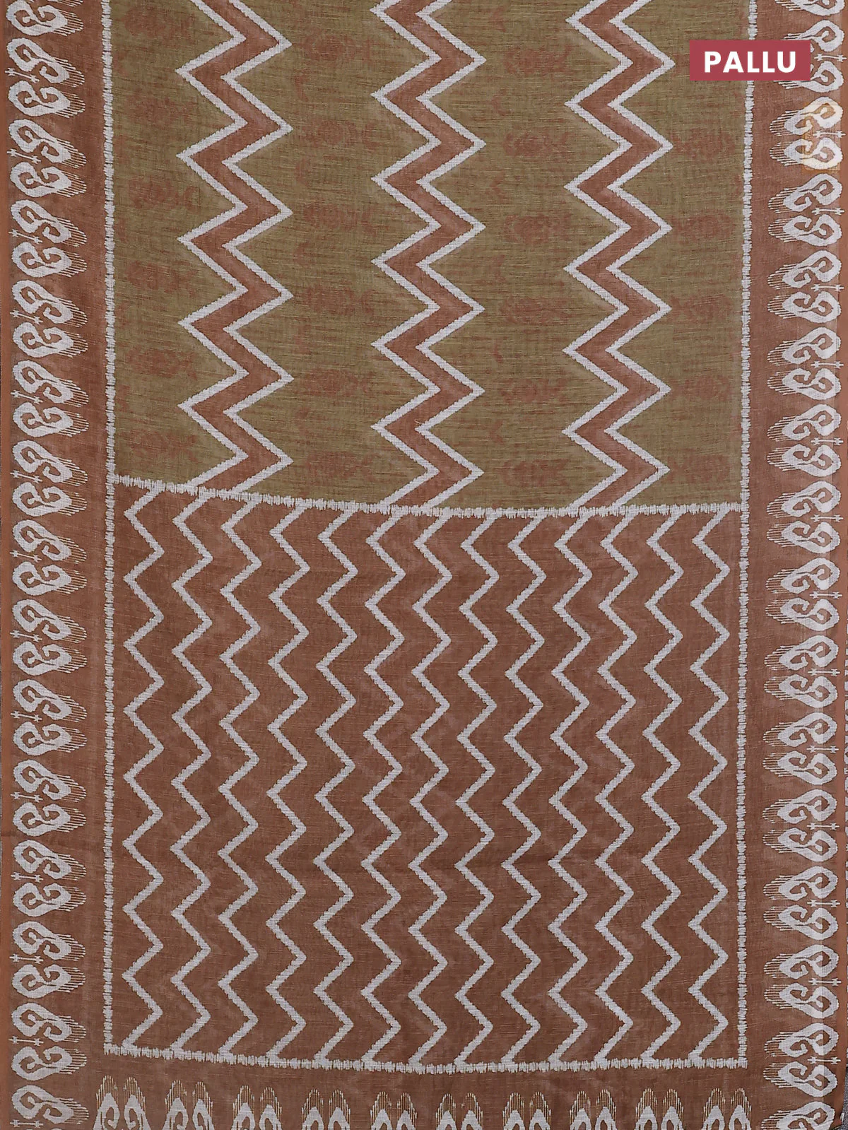 Semi linen saree sap green and dark mustard with allover ikat prints and printed border - Image 3