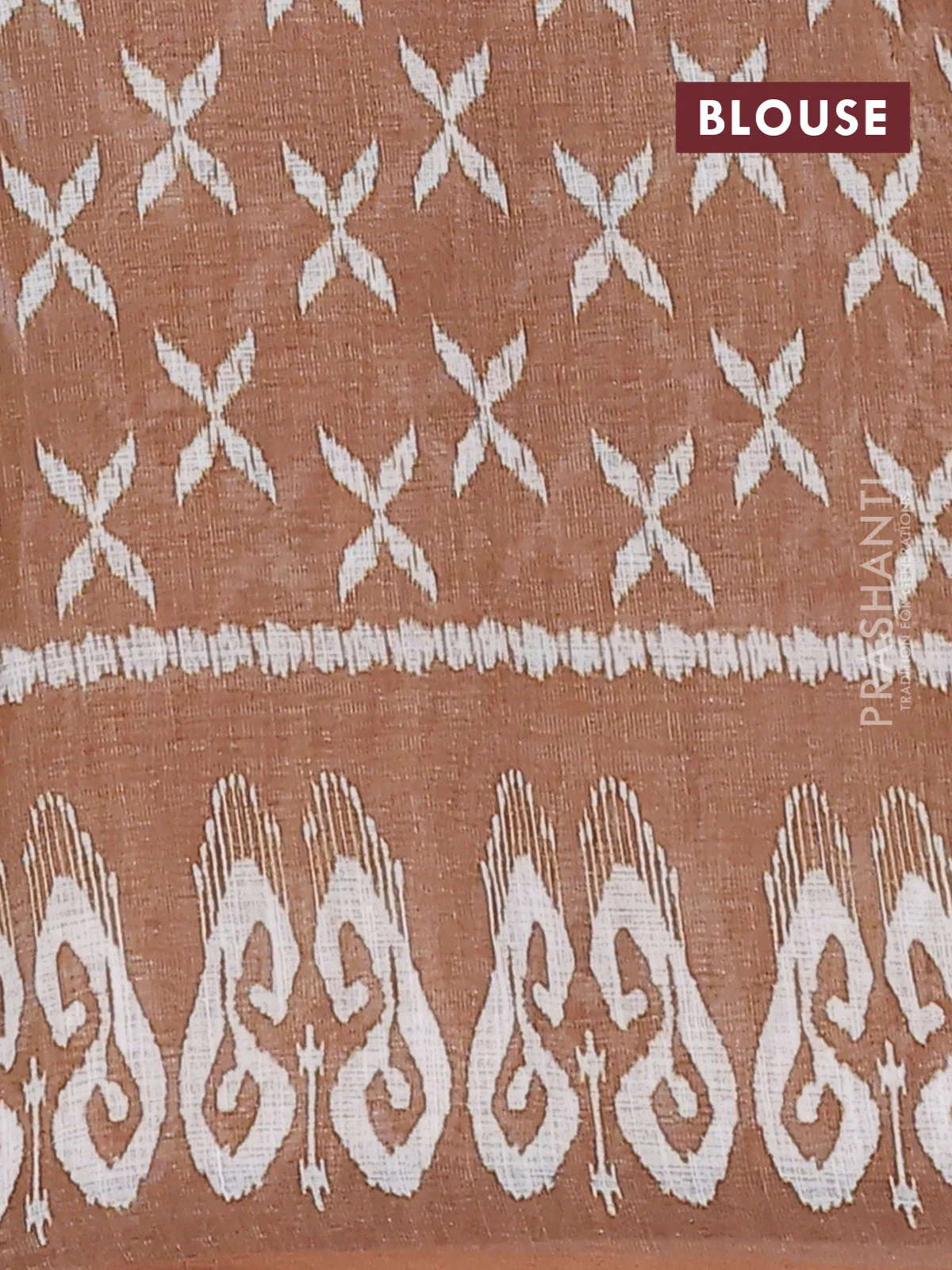 Semi linen saree sap green and dark mustard with allover ikat prints and printed border - Image 4
