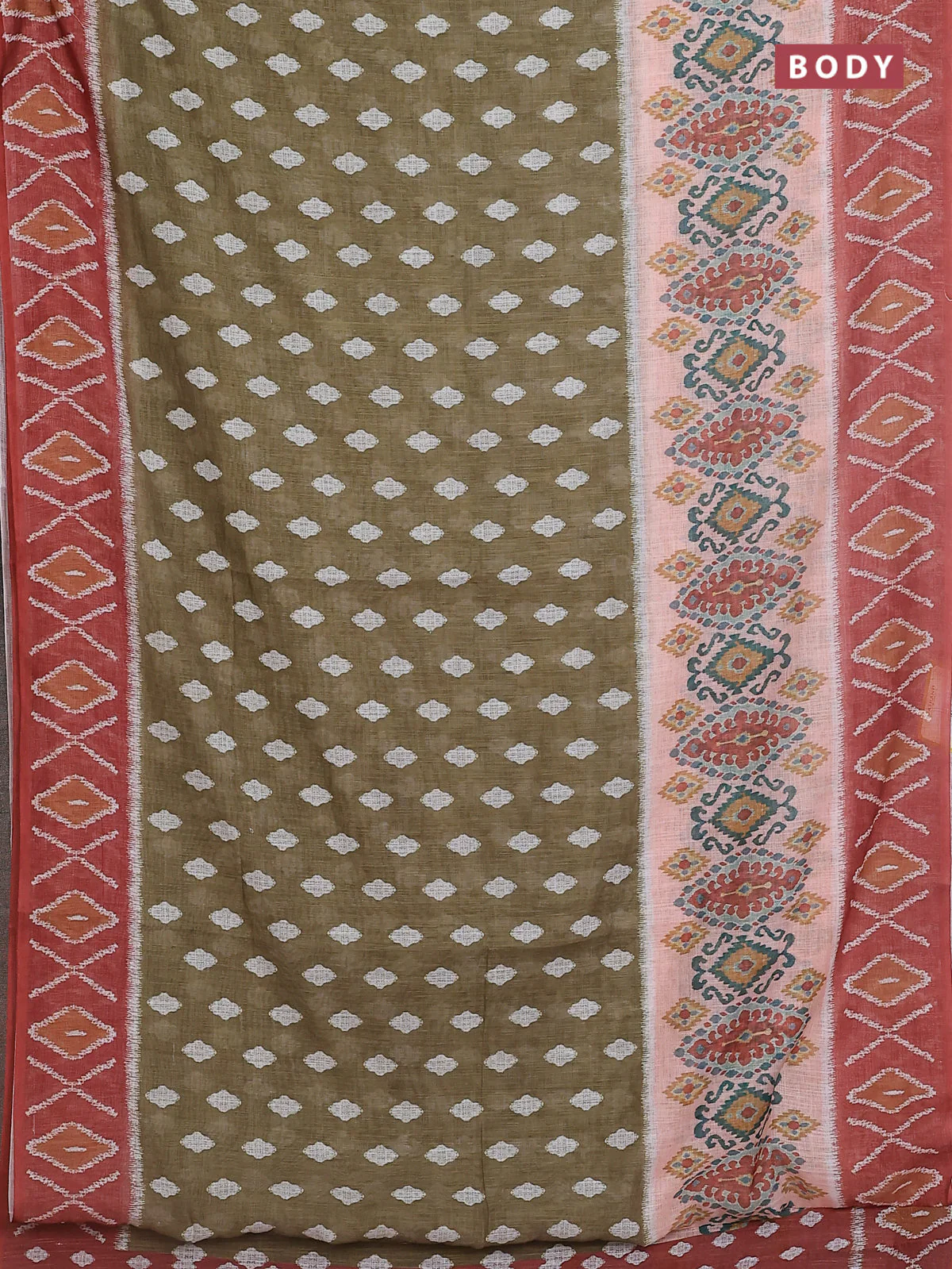 Semi linen saree sap green and rust shade with allover ikat butta prints and printed border - Image 2