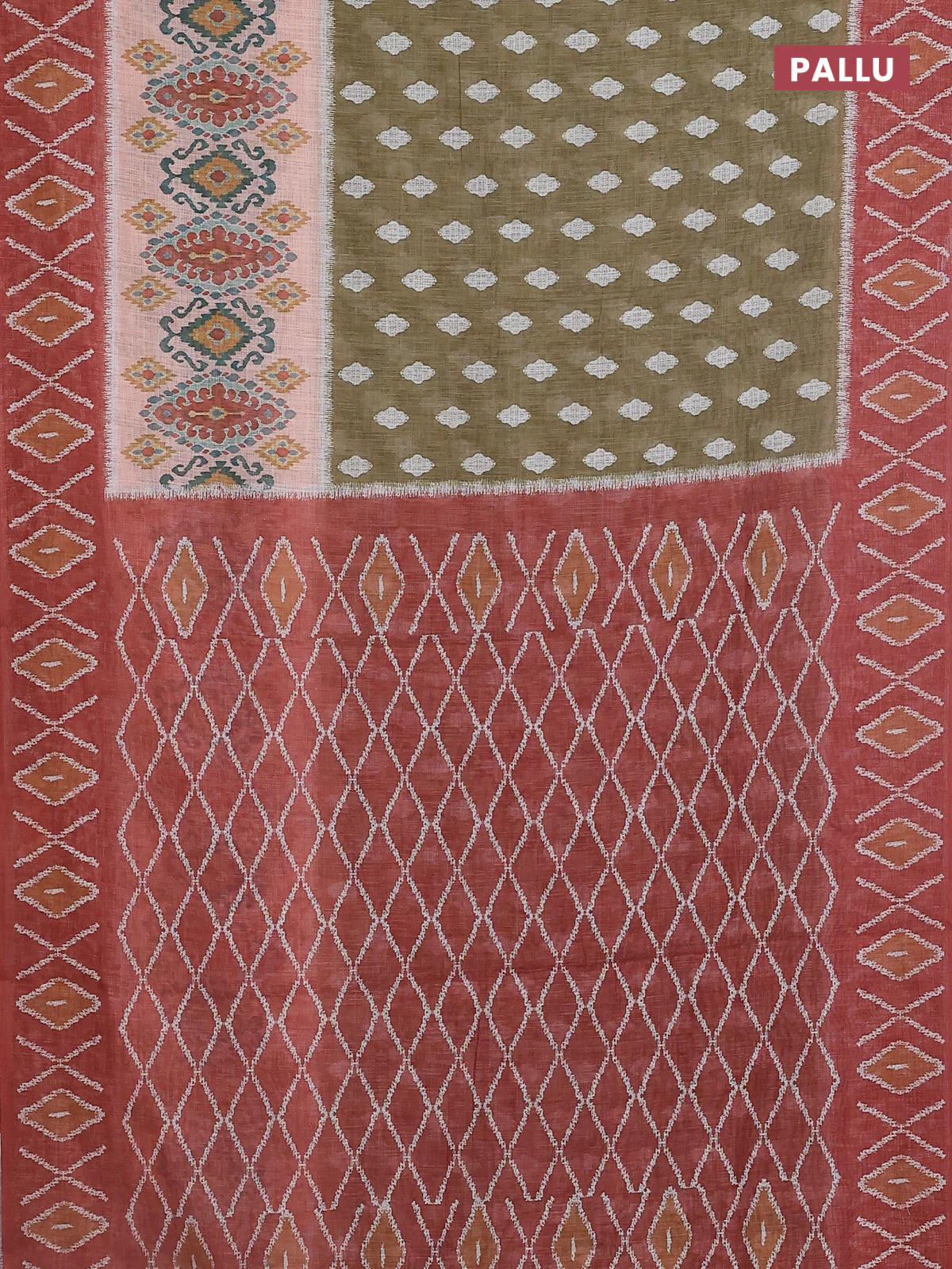 Semi linen saree sap green and rust shade with allover ikat butta prints and printed border - Image 3