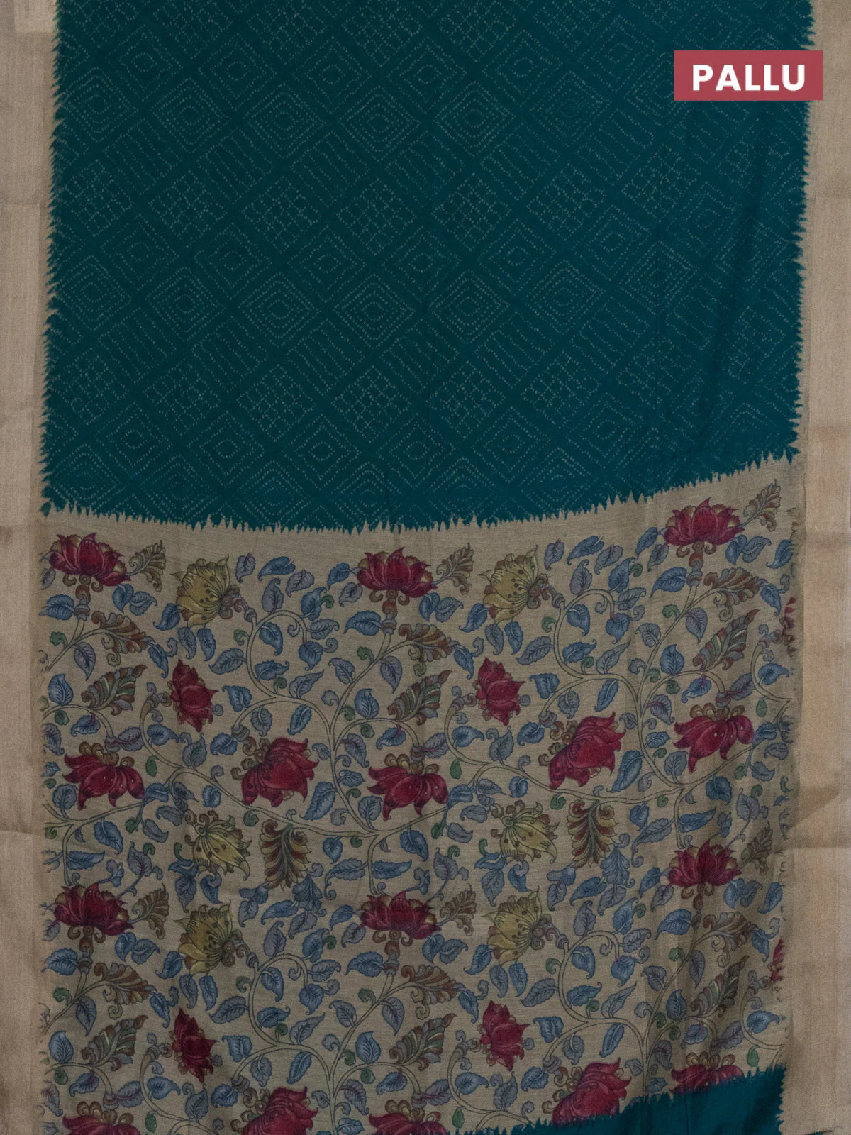 Semi linen saree teal blue and beige with allover bandhani prints and kalamkari printed pallu & blouse - Image 3