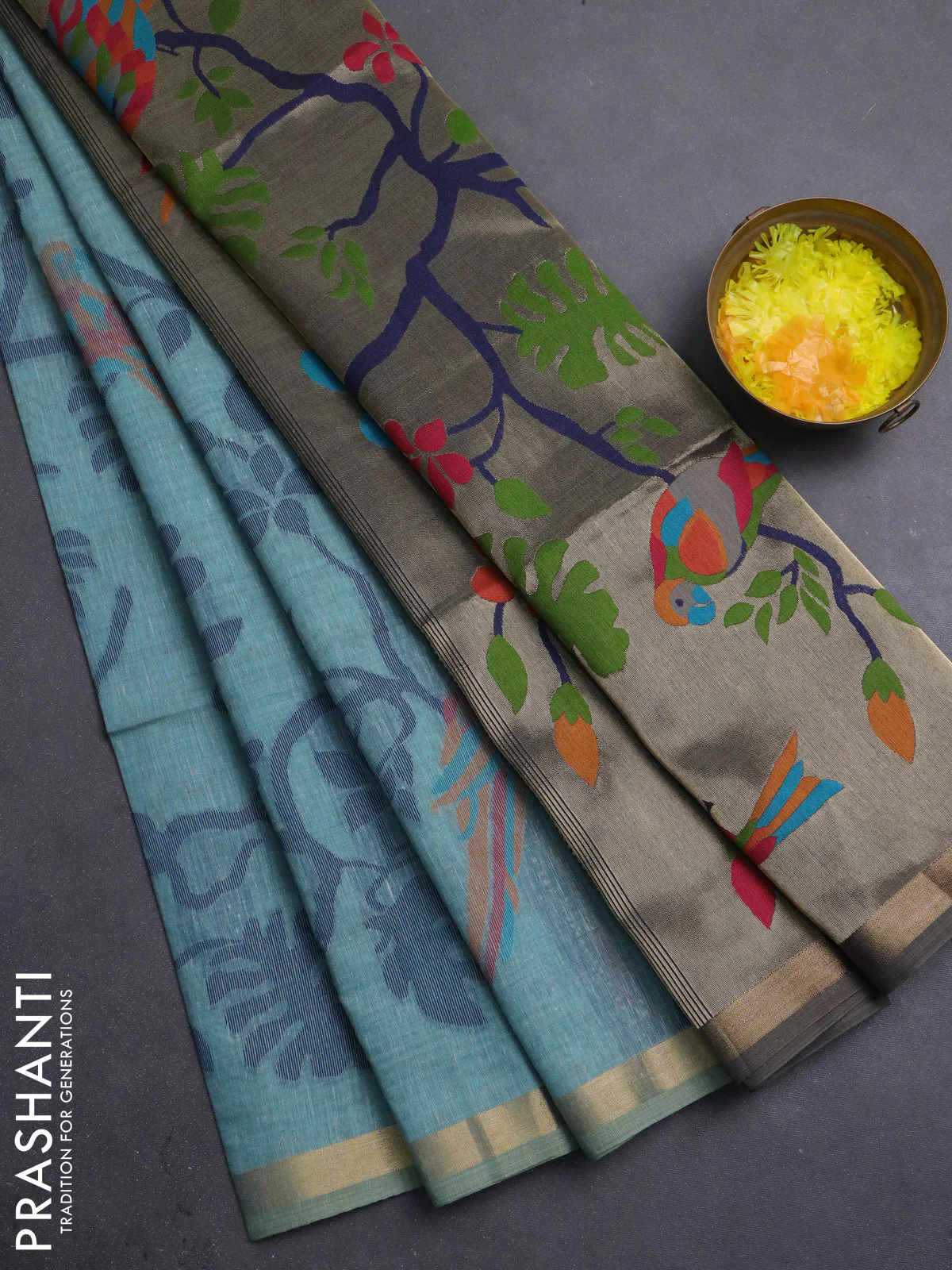 Semi linen saree teal blue and navy blue with allover thread weaves and paithani pallu