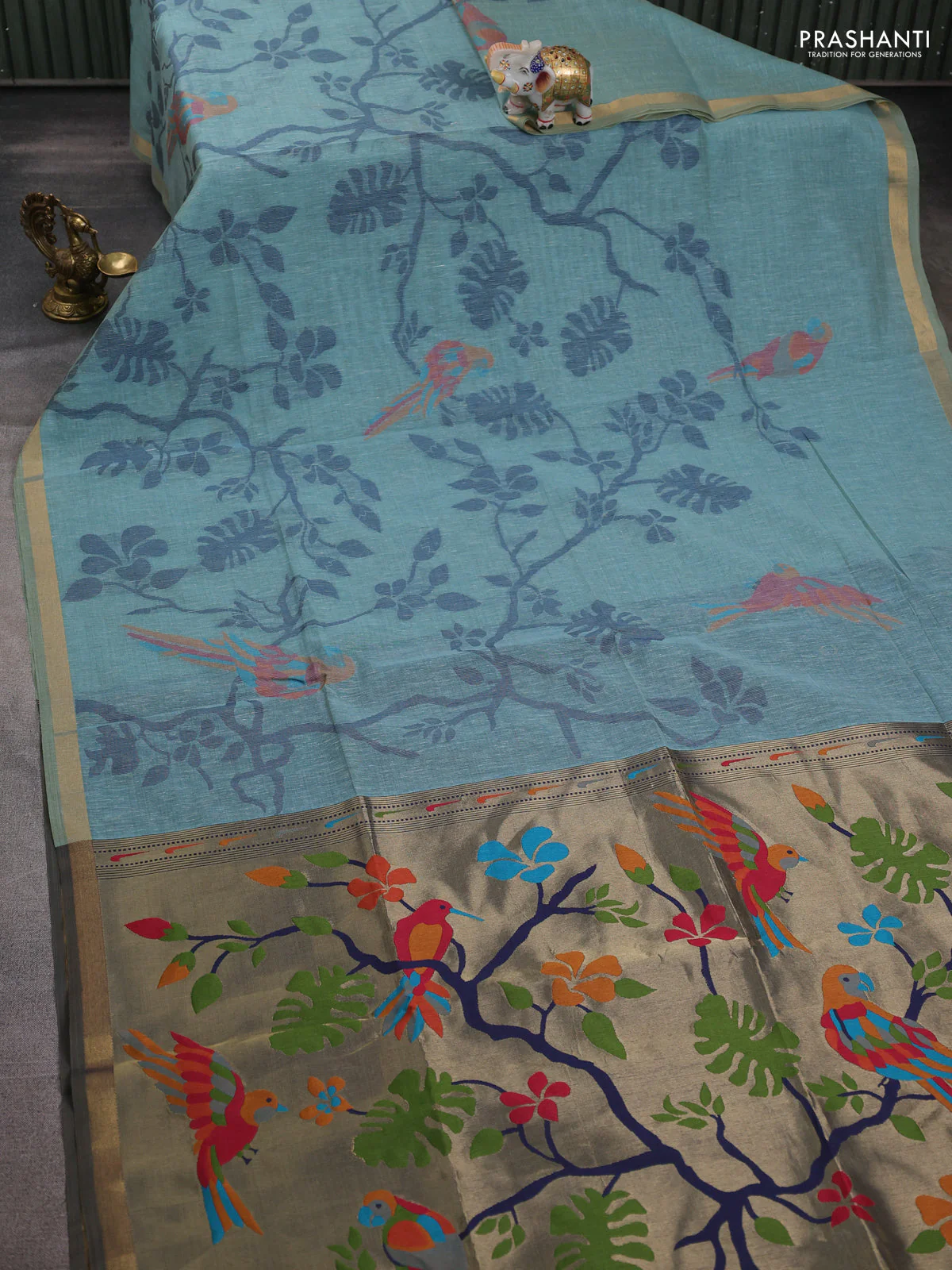 Semi linen saree teal blue and navy blue with allover thread weaves and paithani pallu - Image 2
