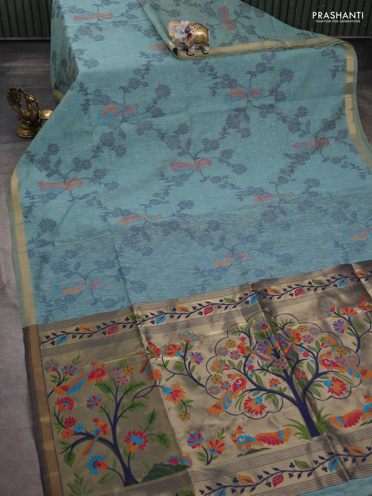 Semi linen saree teal blue and navy blue with allover thread weaves and paithani pallu - Image 2