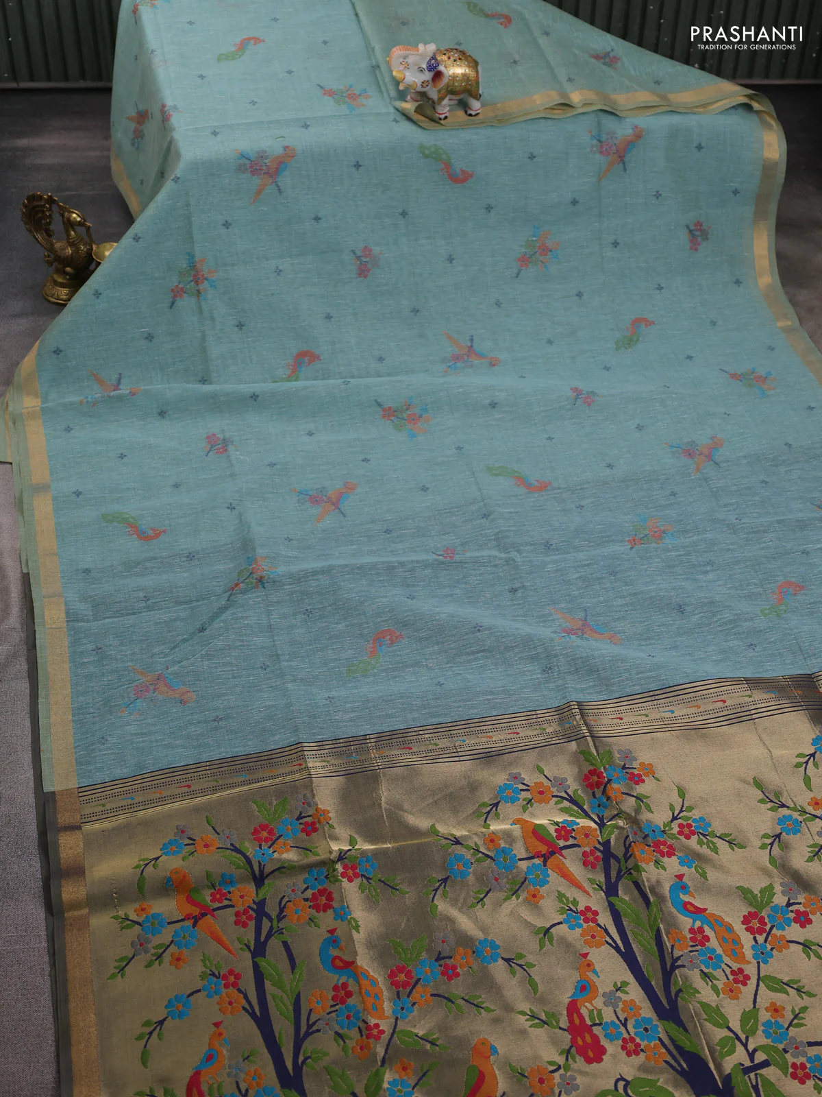 Semi linen saree teal blue and navy blue with allover thread woven buttas and paithani pallu - Image 2