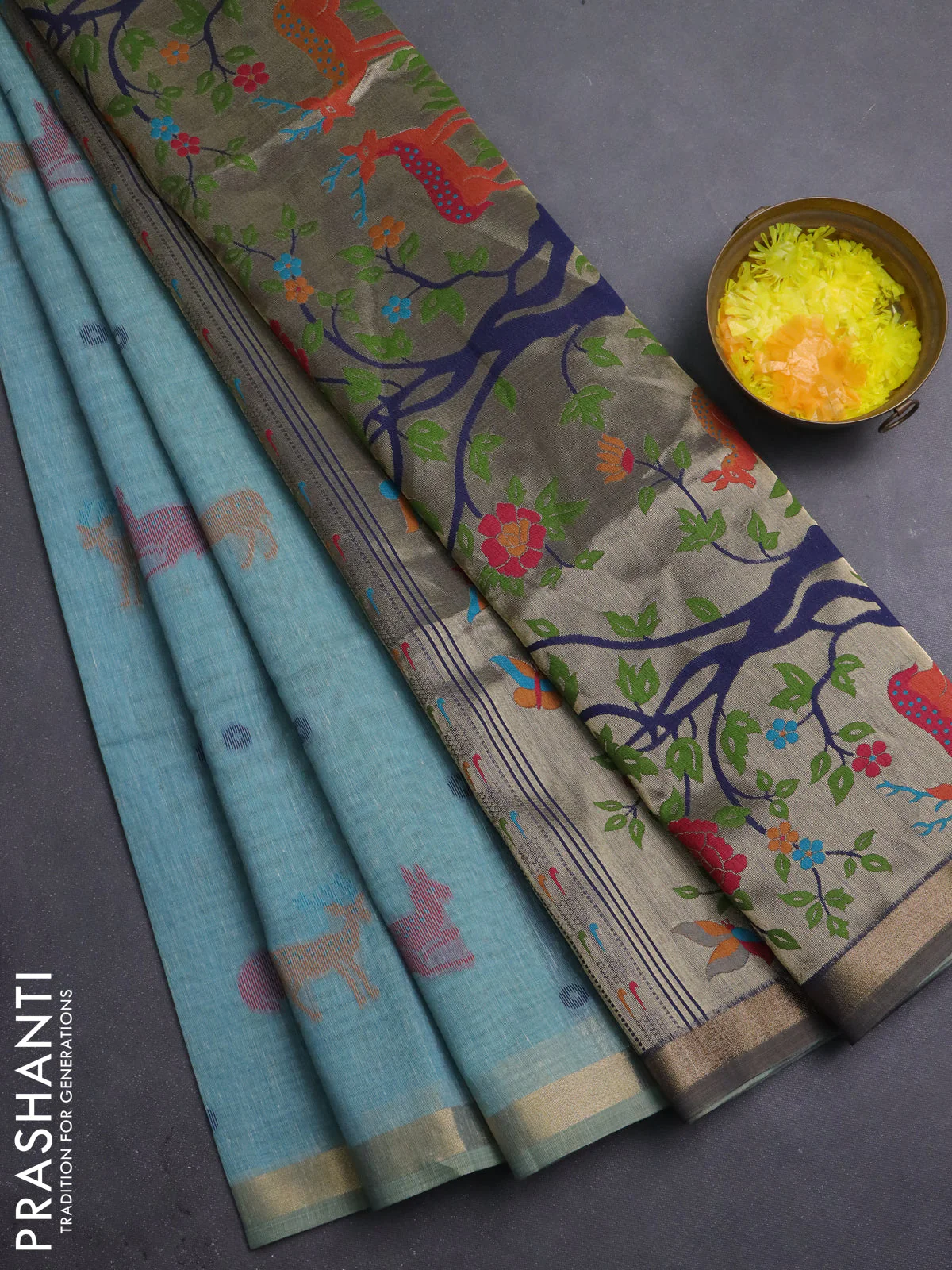 Semi linen saree teal blue and navy blue with allover thread woven buttas and paithani pallu