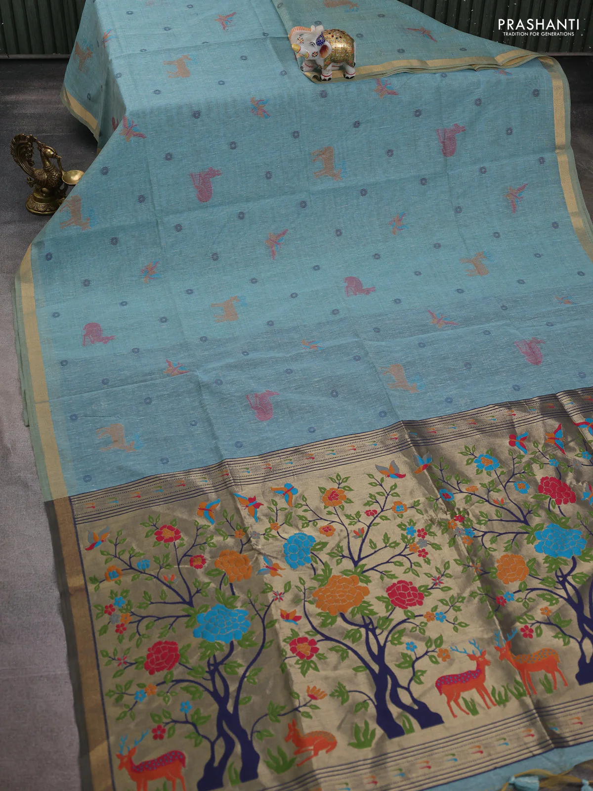 Semi linen saree teal blue and navy blue with allover thread woven buttas and paithani pallu - Image 2