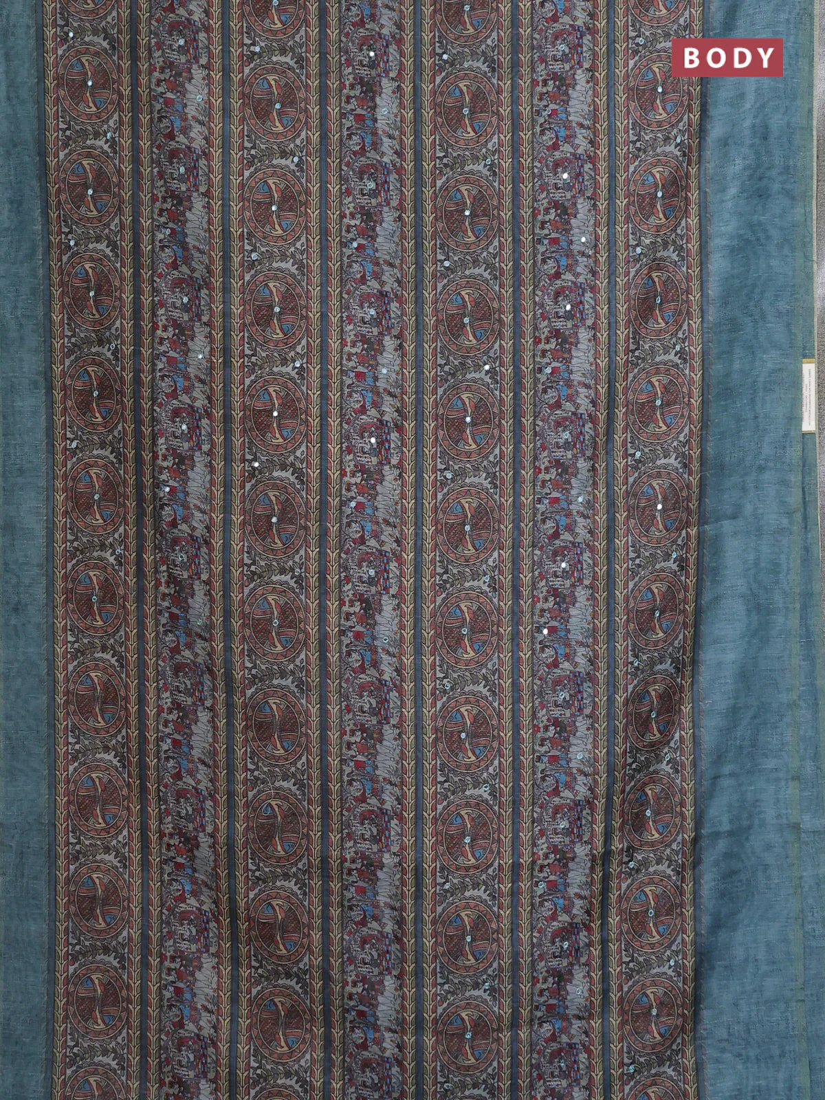 Semi linen saree teal blue with allover madhubani prints & mirror work - Image 2