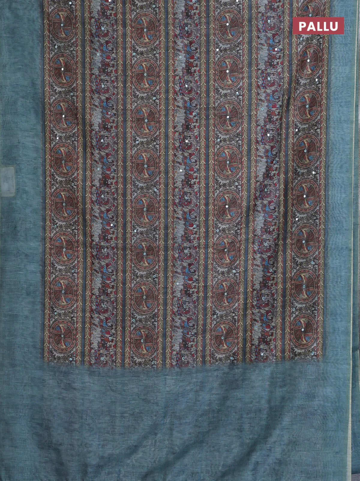 Semi linen saree teal blue with allover madhubani prints & mirror work - Image 3