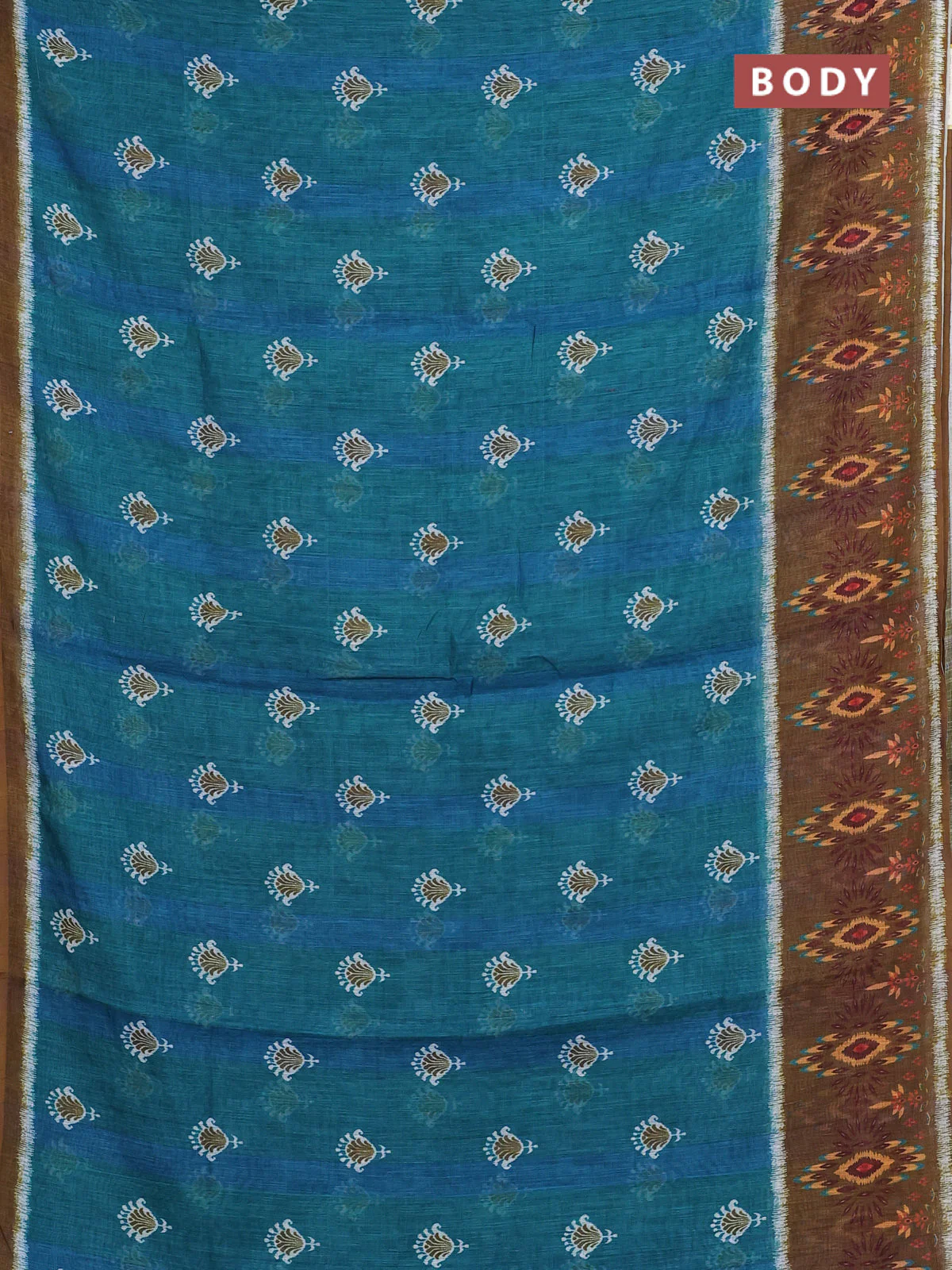 Semi linen saree teal green and dark mustard with allover ikat butta prints and long printed border - Image 2