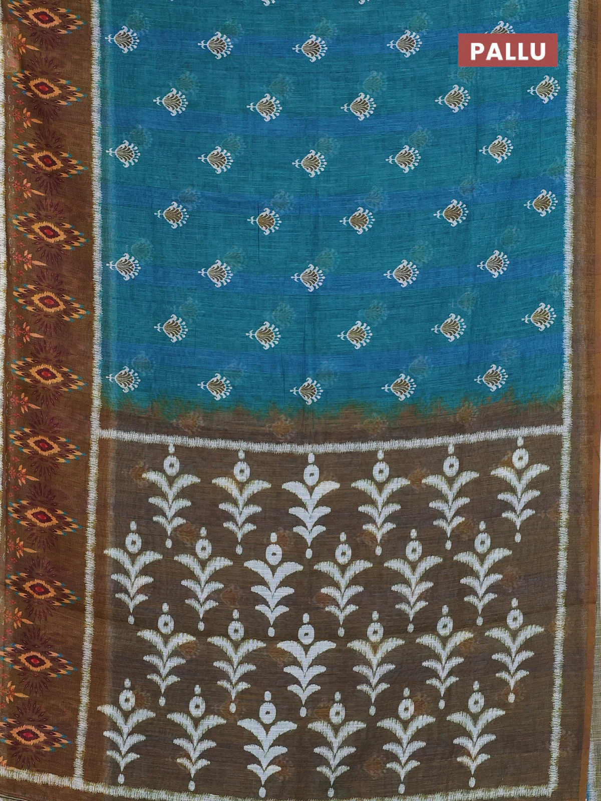 Semi linen saree teal green and dark mustard with allover ikat butta prints and long printed border - Image 3