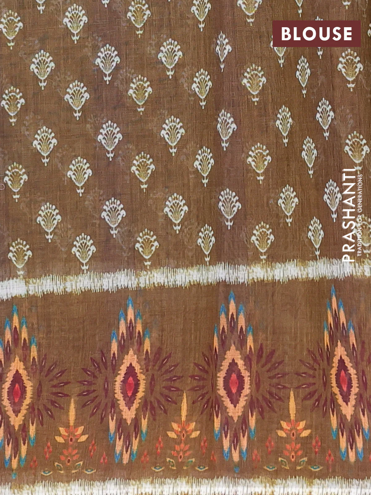 Semi linen saree teal green and dark mustard with allover ikat butta prints and long printed border - Image 4