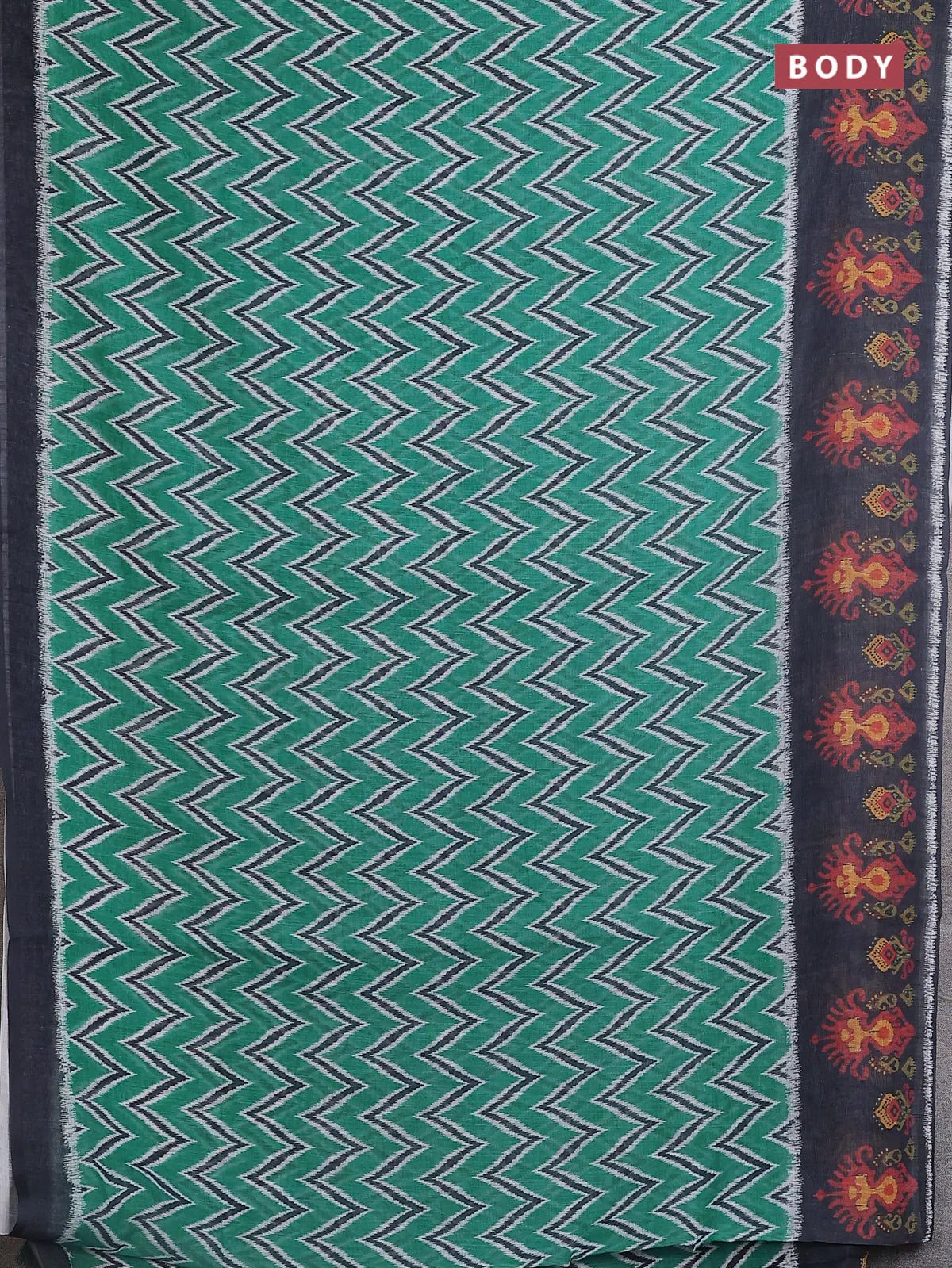 Semi linen saree teal green and elephant grey with allover zig zag ikat prints and long printed border - Image 2
