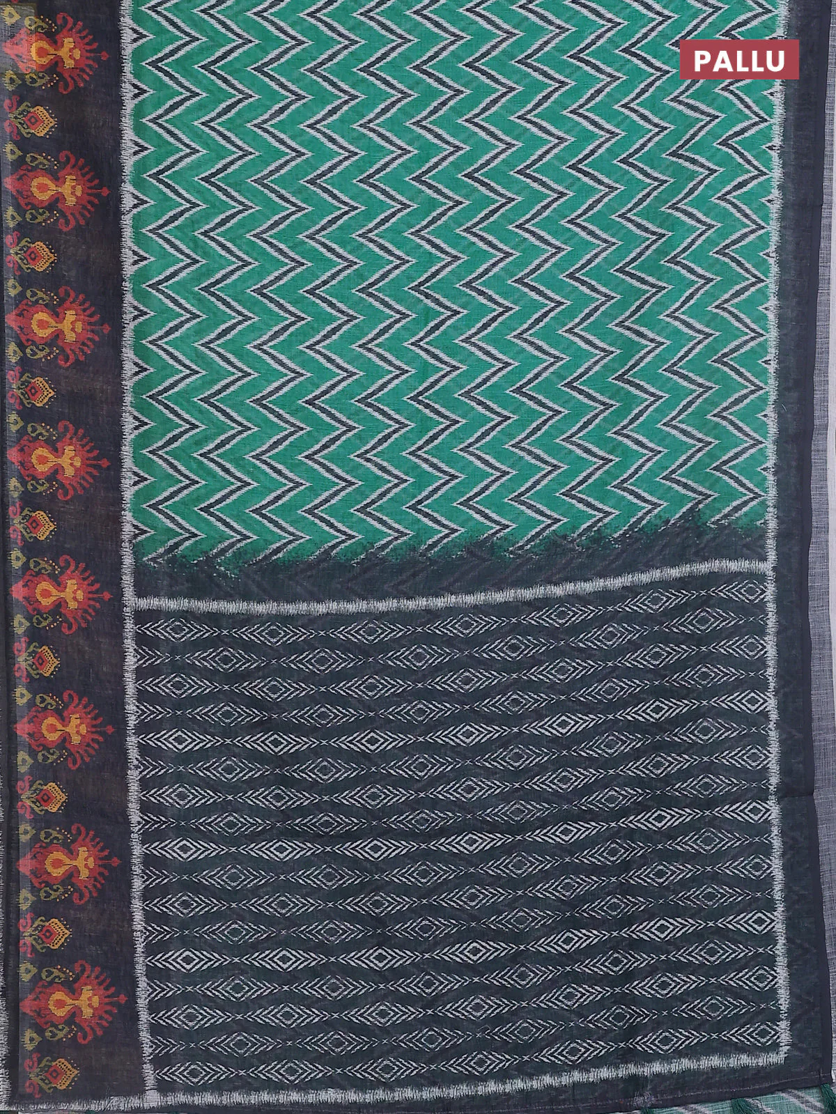 Semi linen saree teal green and elephant grey with allover zig zag ikat prints and long printed border - Image 3