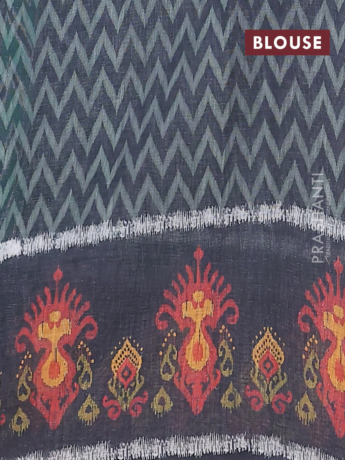 Semi linen saree teal green and elephant grey with allover zig zag ikat prints and long printed border - Image 4