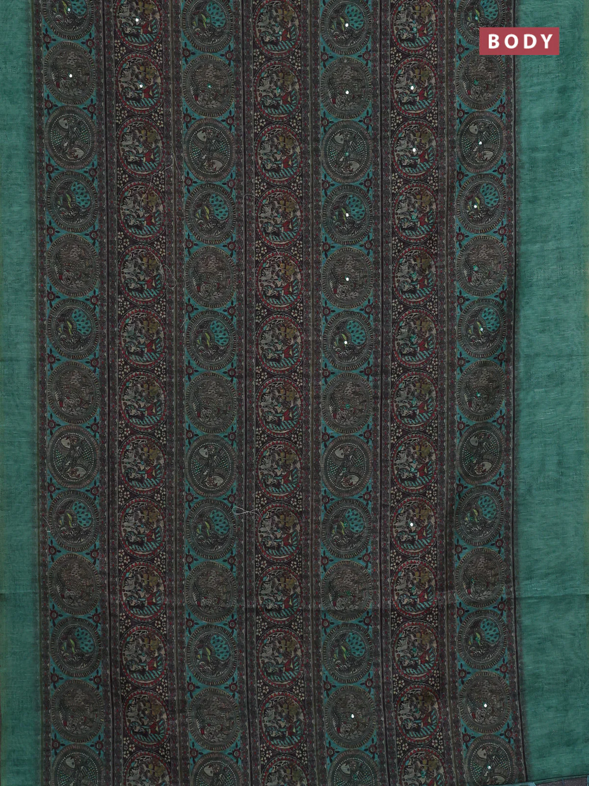 Semi linen saree teal green with allover madhubani prints & mirror work - Image 2
