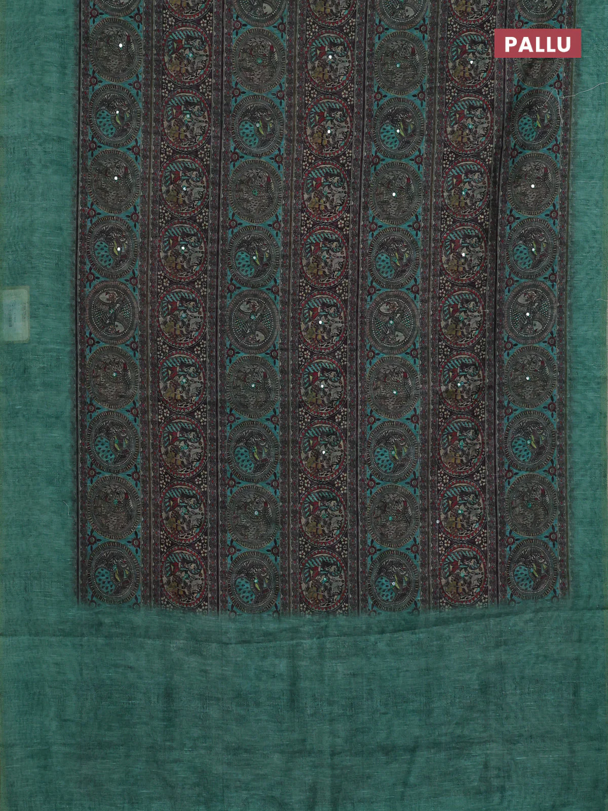 Semi linen saree teal green with allover madhubani prints & mirror work - Image 3