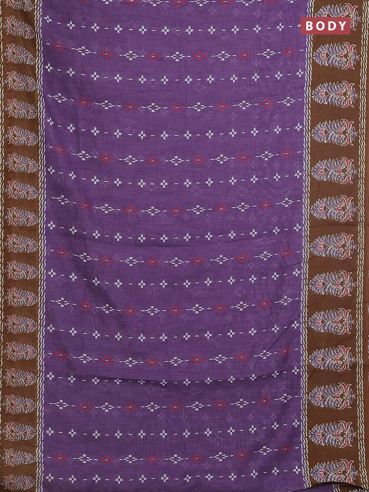 Semi linen saree violet shade and dark mustard with allover ikat prints and long printed border - Image 2