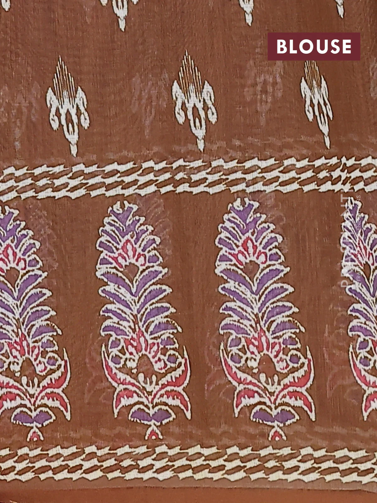 Semi linen saree violet shade and dark mustard with allover ikat prints and long printed border - Image 4