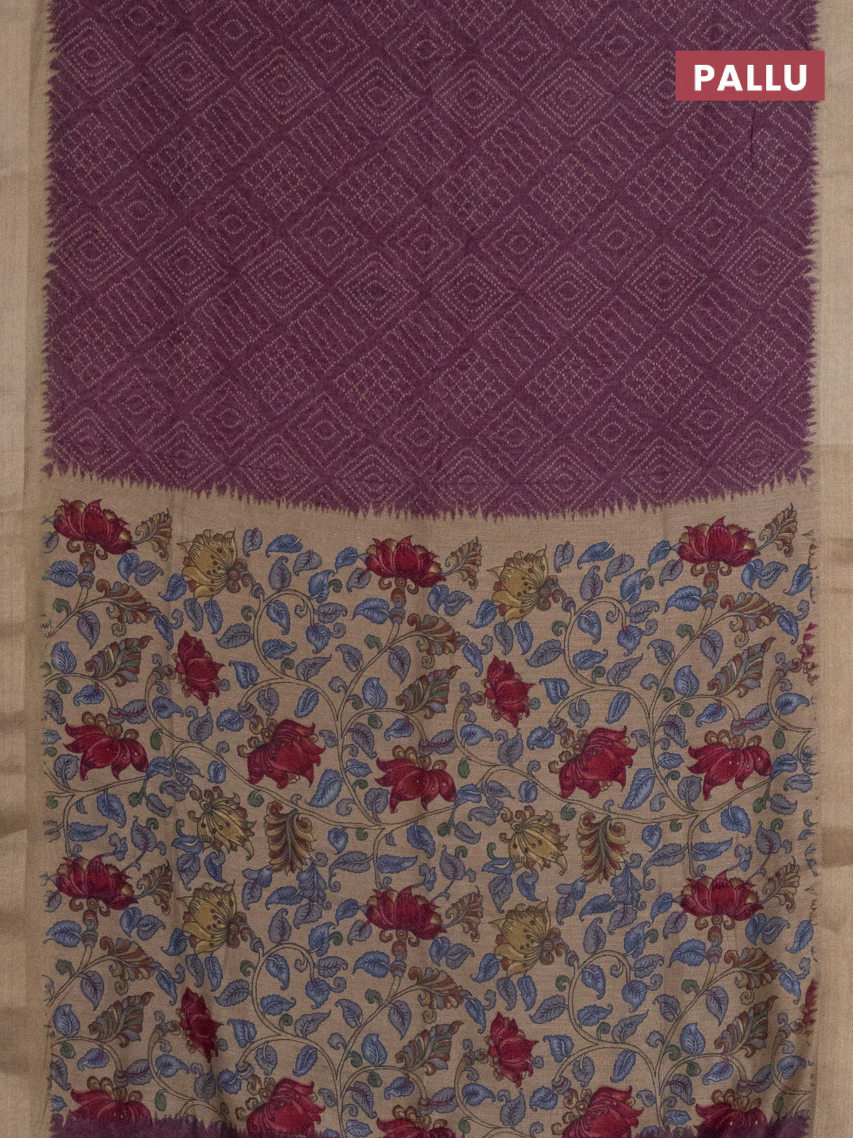 Semi linen saree wine shade and beige with allover bandhani prints and kalamkari printed pallu & blouse - Image 3