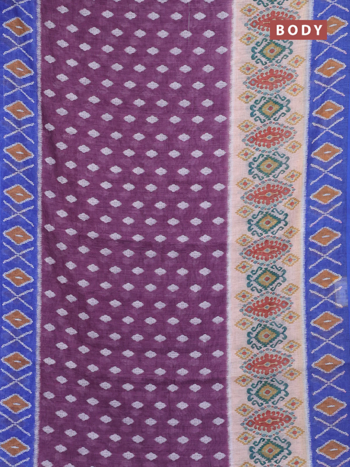 Semi linen saree wine shade and blue with allover ikat butta prints and printed border - Image 2