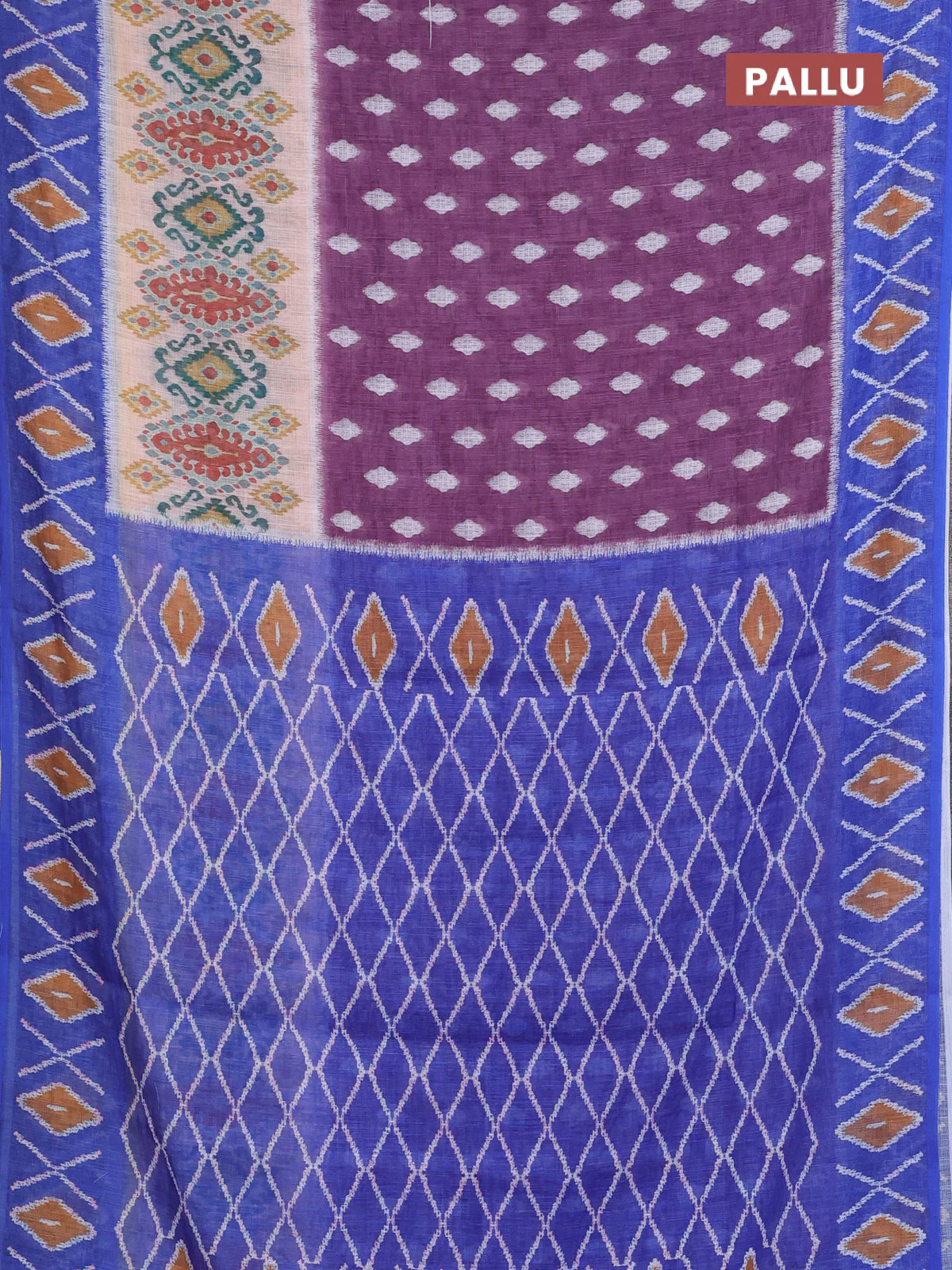 Semi linen saree wine shade and blue with allover ikat butta prints and printed border - Image 3