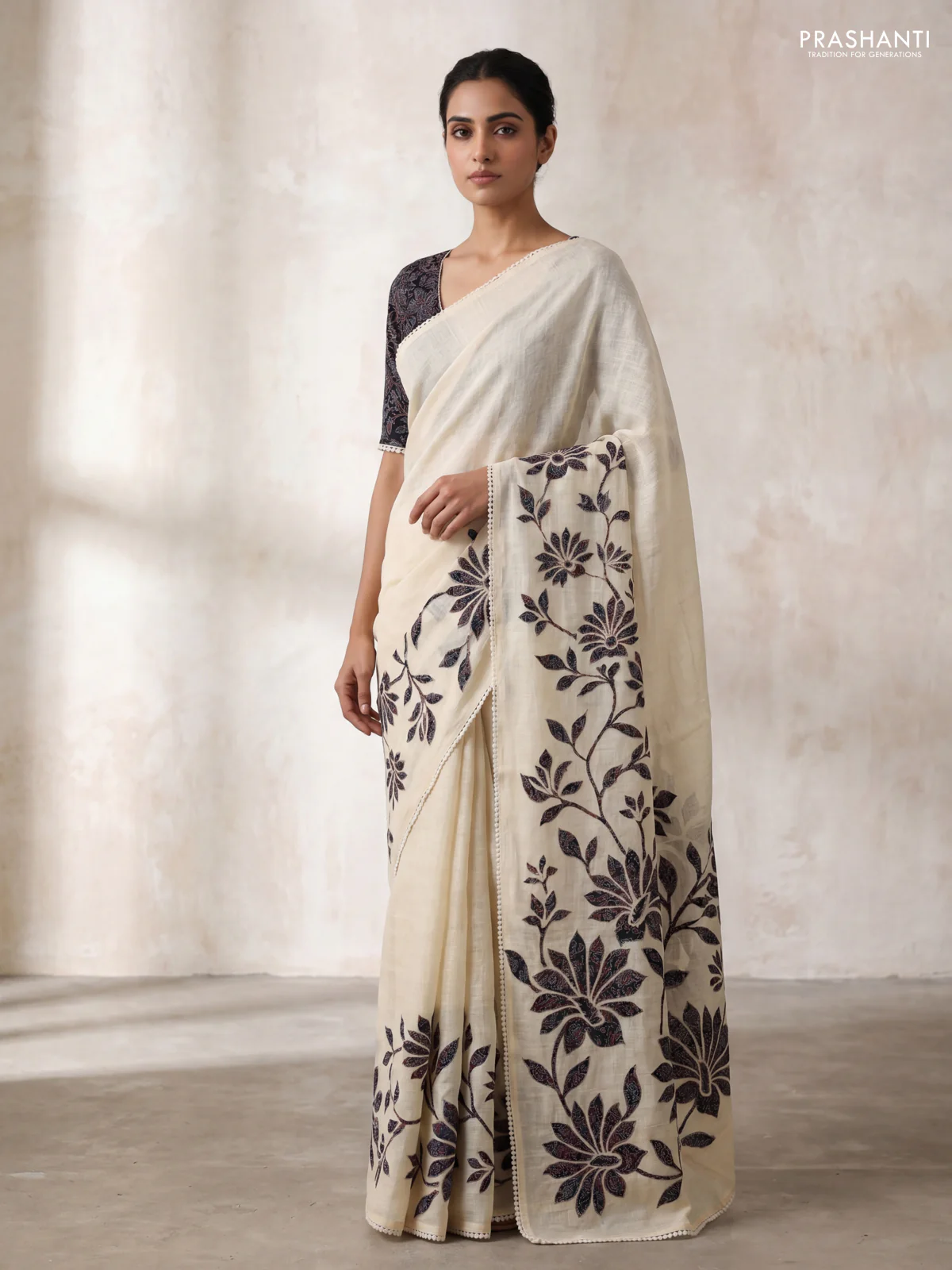 Semi linen tissue saree cream and black with kalamkari applique work and crocia lace work border